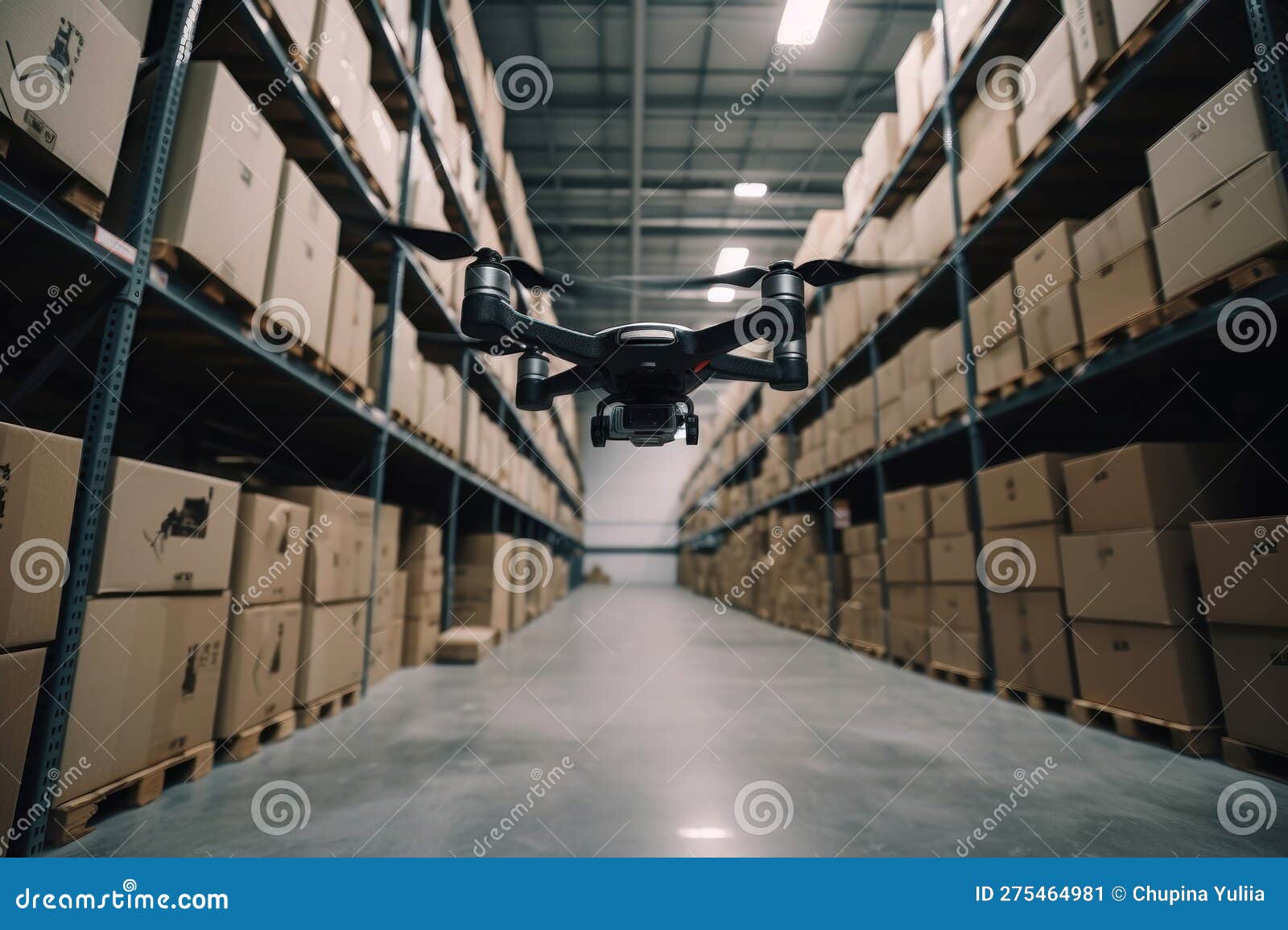 Small Fpv Drone Flying through a Warehouse. AI Generated Stock