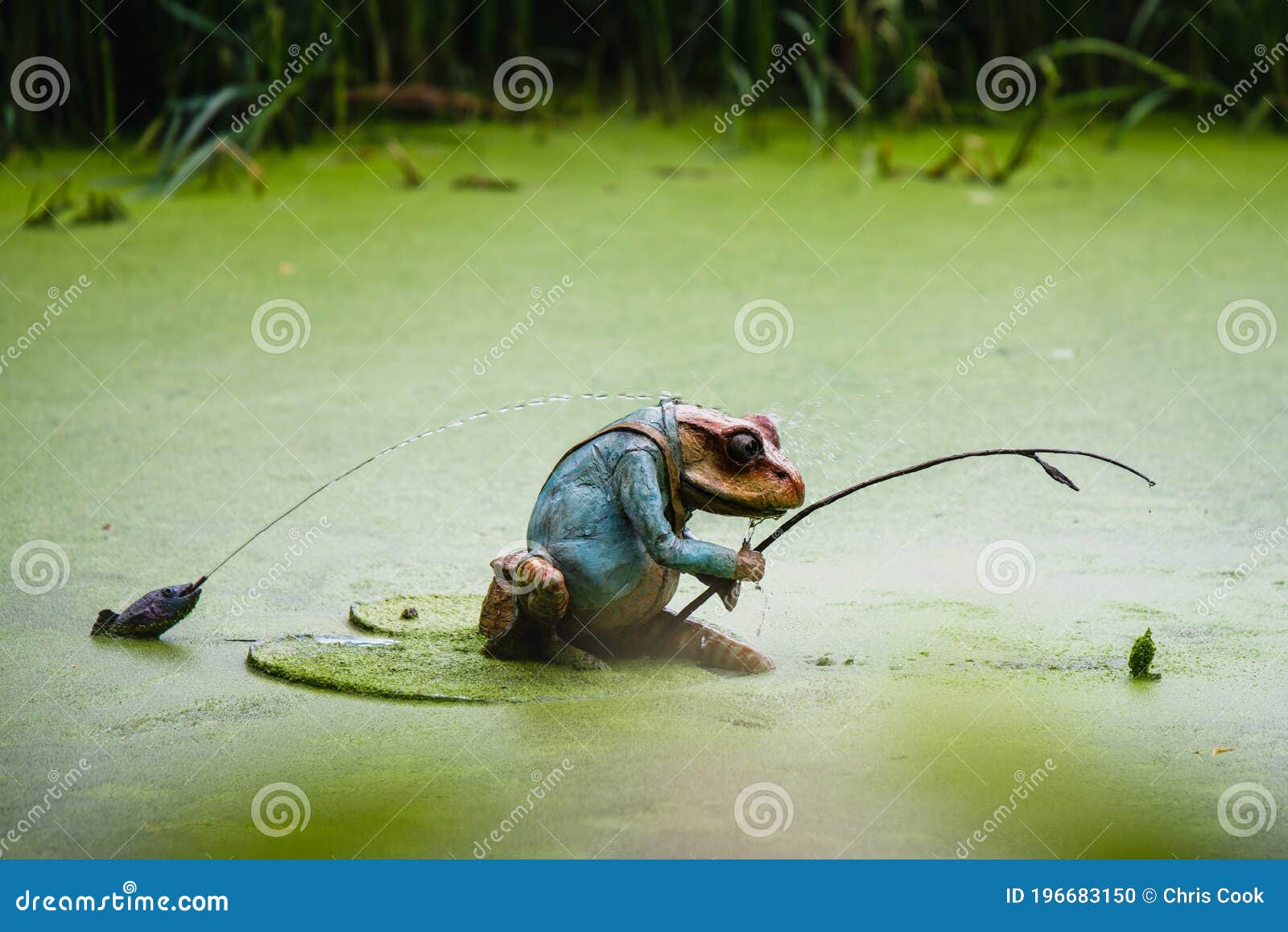 A Small Frog Fishing with a Fishing Rod Ornament in a Green Lake