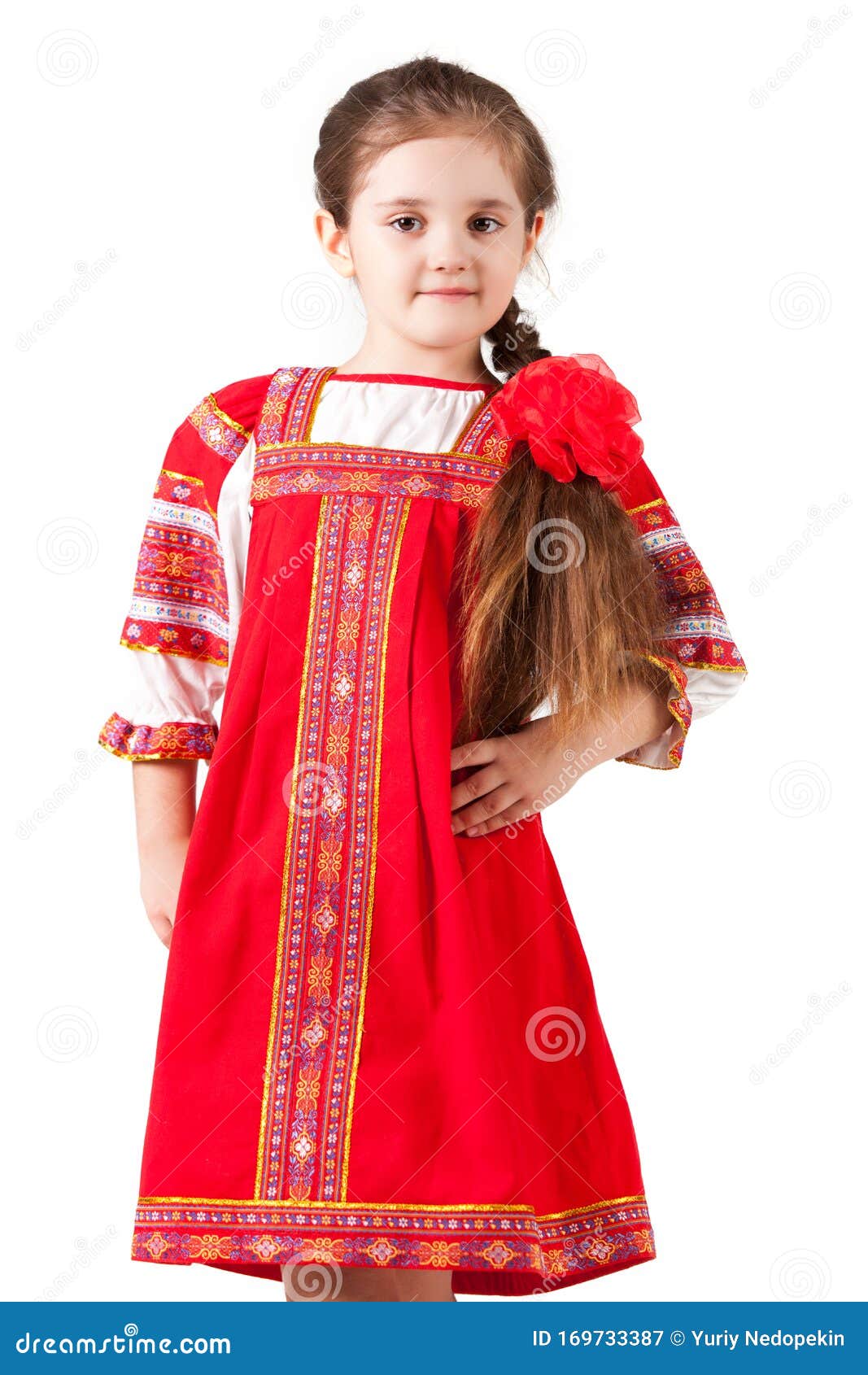 Small Girl with Long Hair Standing in Red Russian Style National ...