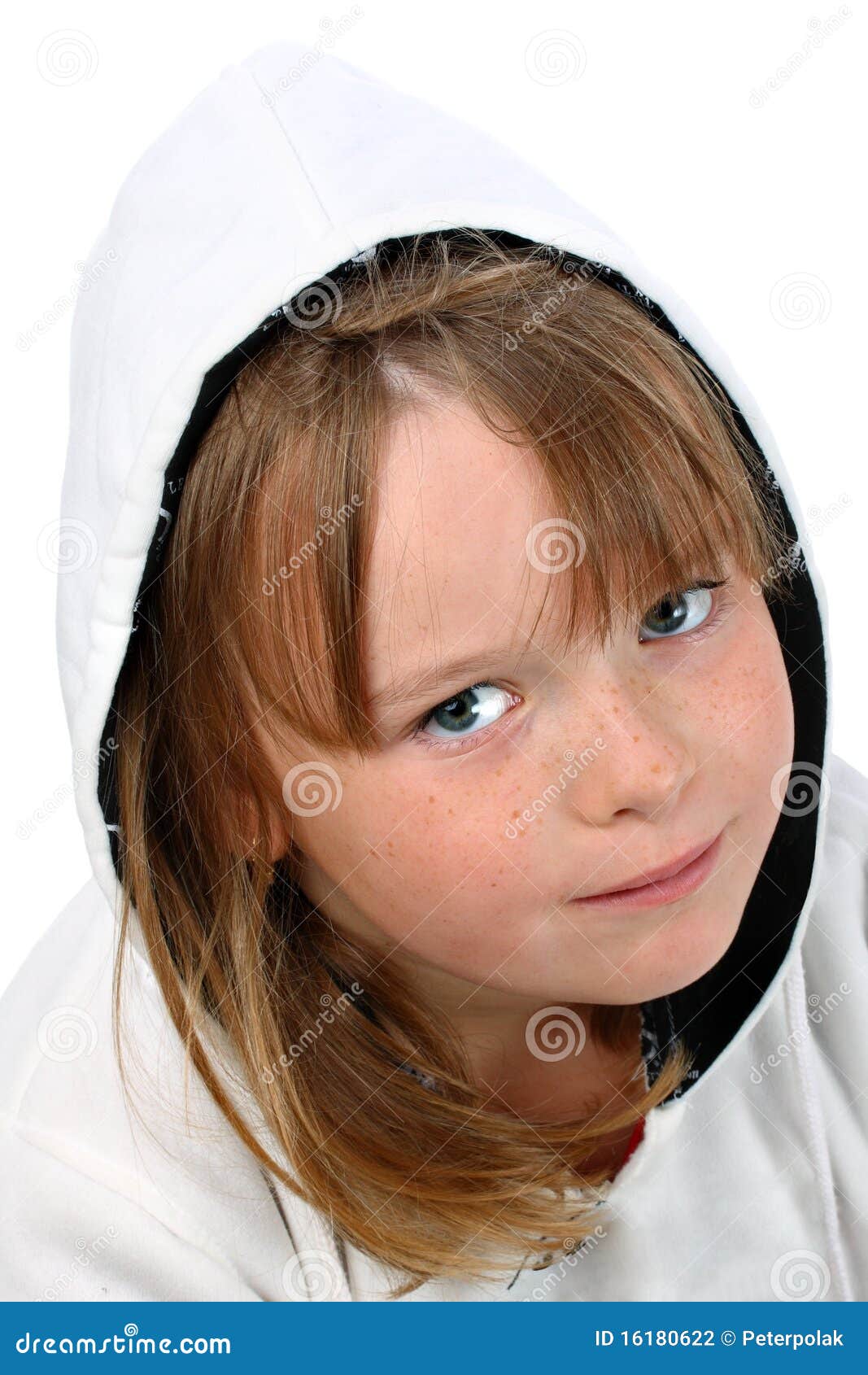 Small Girl with Long Hair in White Hood Isolated Stock Photo - Image of ...