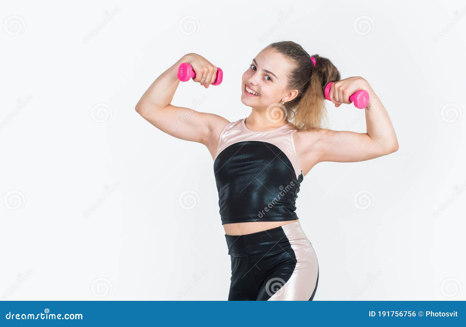 Small Girl Training with Barbells. Sport and Fitness. Teen Girl Hold Dumbbell. Sportswear and Equipment Shop. Healthy Stock - Image of muscle, abandoned: