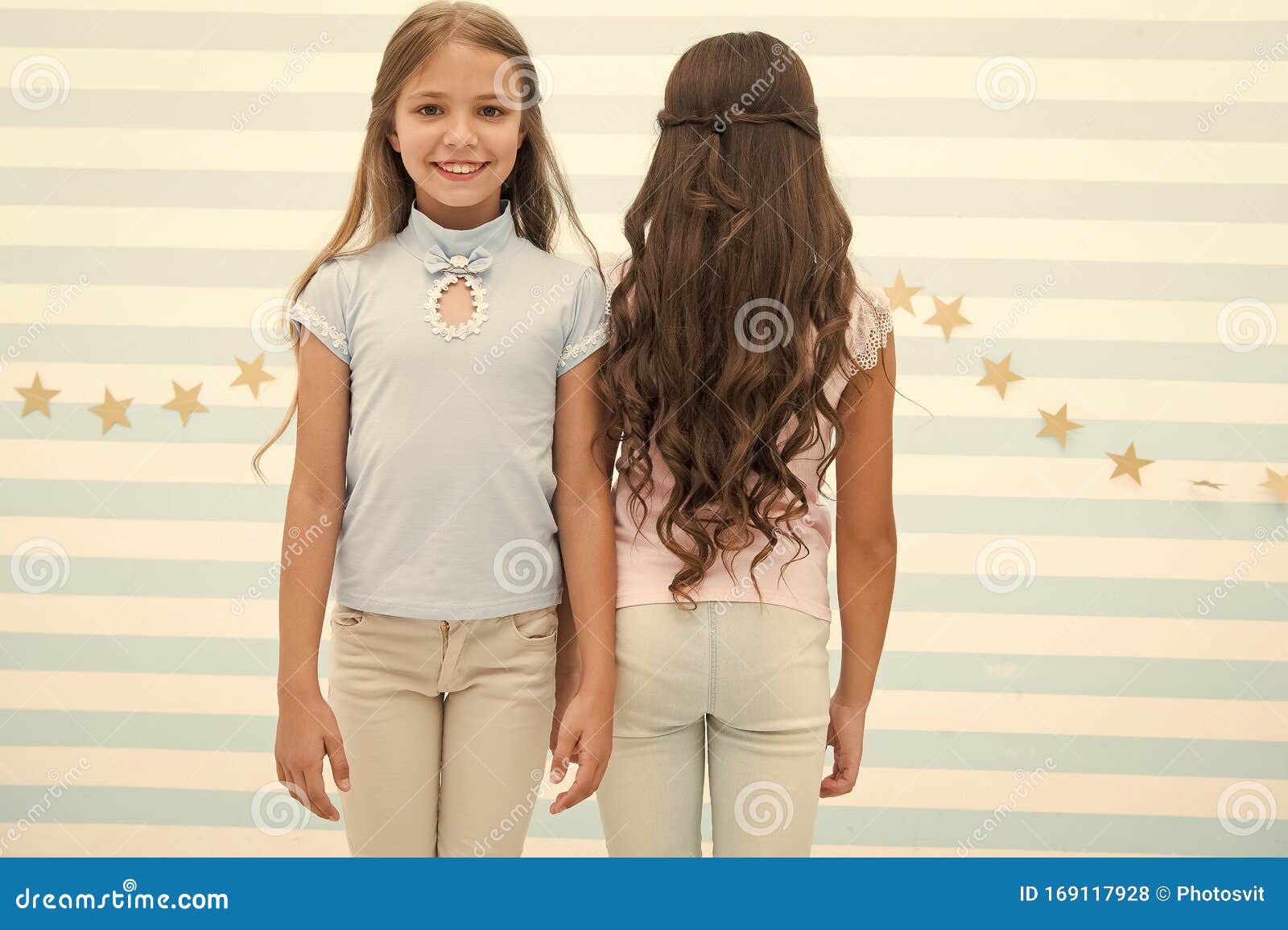 Small Girls with Long Curly Hair. Healthy Hair. Shampoo Conditioner Balm  and Mask. Curling Styling Stock Photo - Image of friends, fashion: 169117928