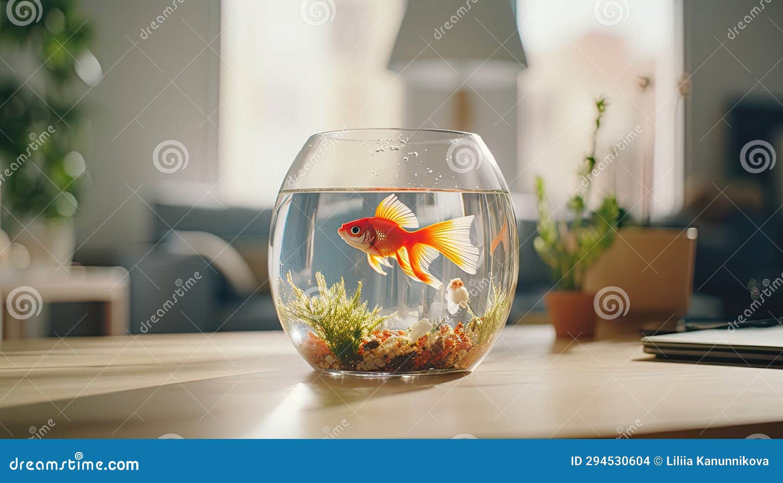 A Small Goldfish Aquarium Placed on a Wooden Table in a Well-lit