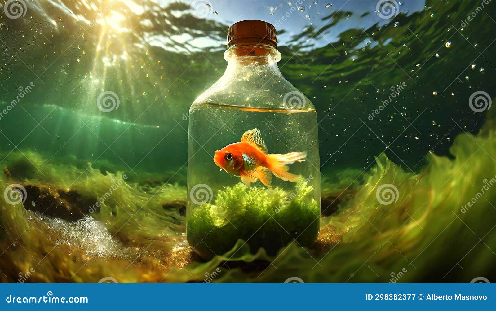 Small Goldfish in a Plastic Bottle Plastic Pollution Concept
