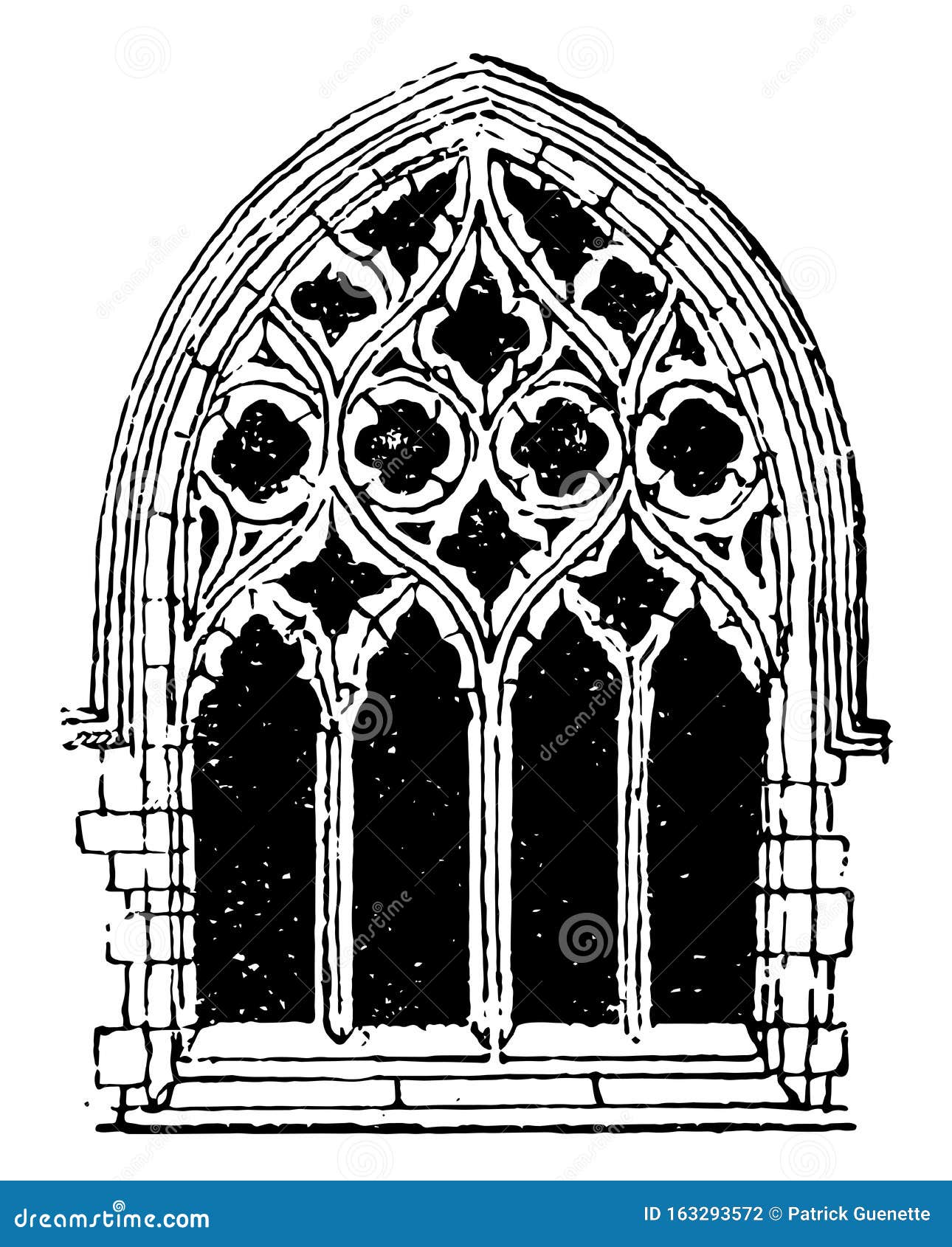 small gothic window tracery, during the fourteenth century,  vintage engraving