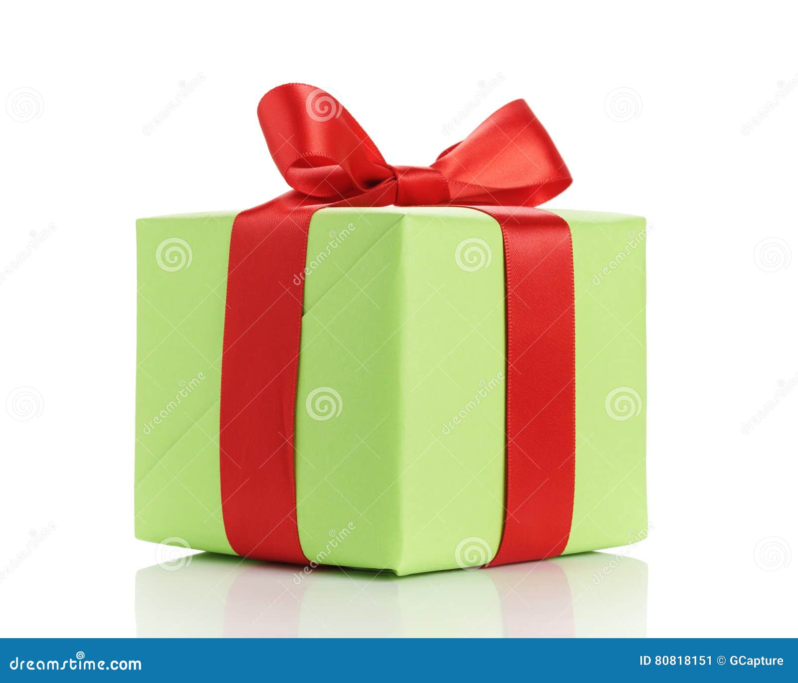 Small Green Gift Box with Red Ribbon Bow Isolated on White Stock Image