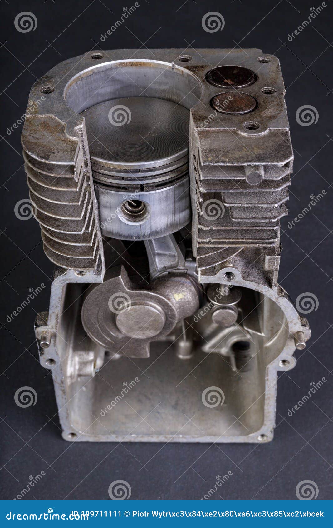 A Small Internal Combustion Engine Shown in Section. View of the Piston