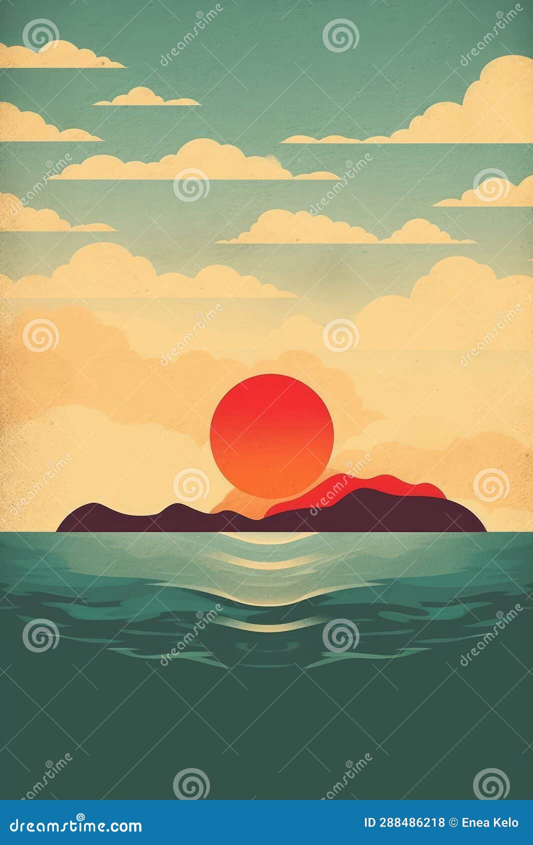 A Small Island Out on the Ocean, Vector, Retro Aesthetic, Illustration