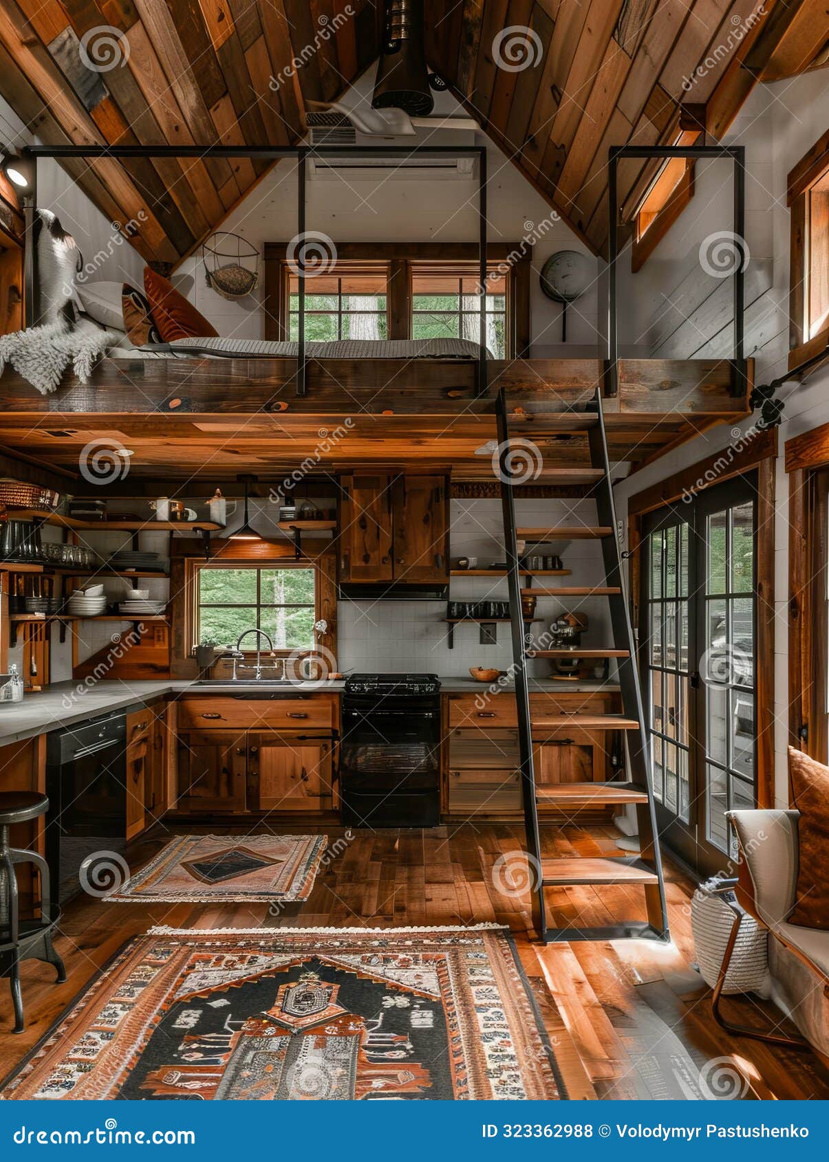 A Small Kitchen and Loft in a Rustic Cabin Stock Photo - Image of ceiling,  living: 323362988, image size:1205x1690