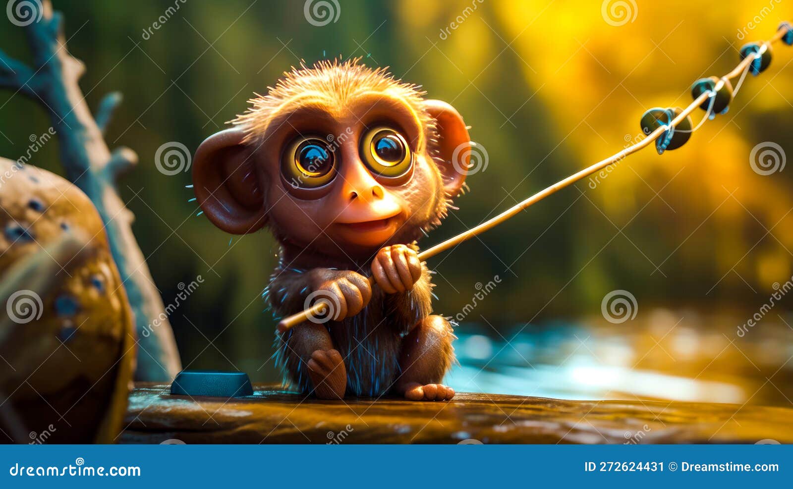 Small Monkey Sitting on Log Holding Fishing Rod. Generative AI