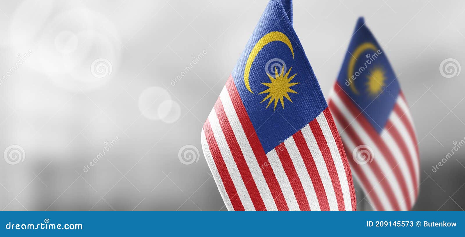 Small National Flags of the Malaysia on a Light Blurry Background 