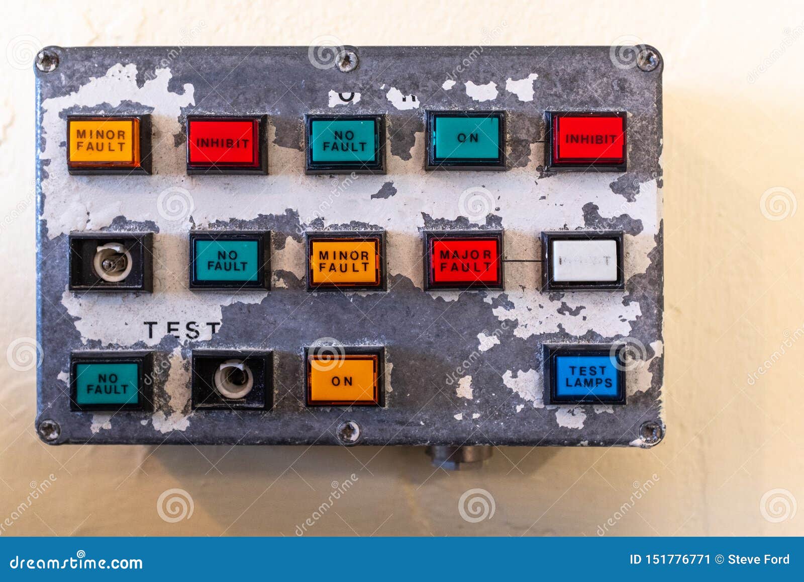 A Small Old Control Panel Showing Buttons of Various Colours on Old Paint  Peeling Panel Stock Image - Image of connection, equipment: 151776771