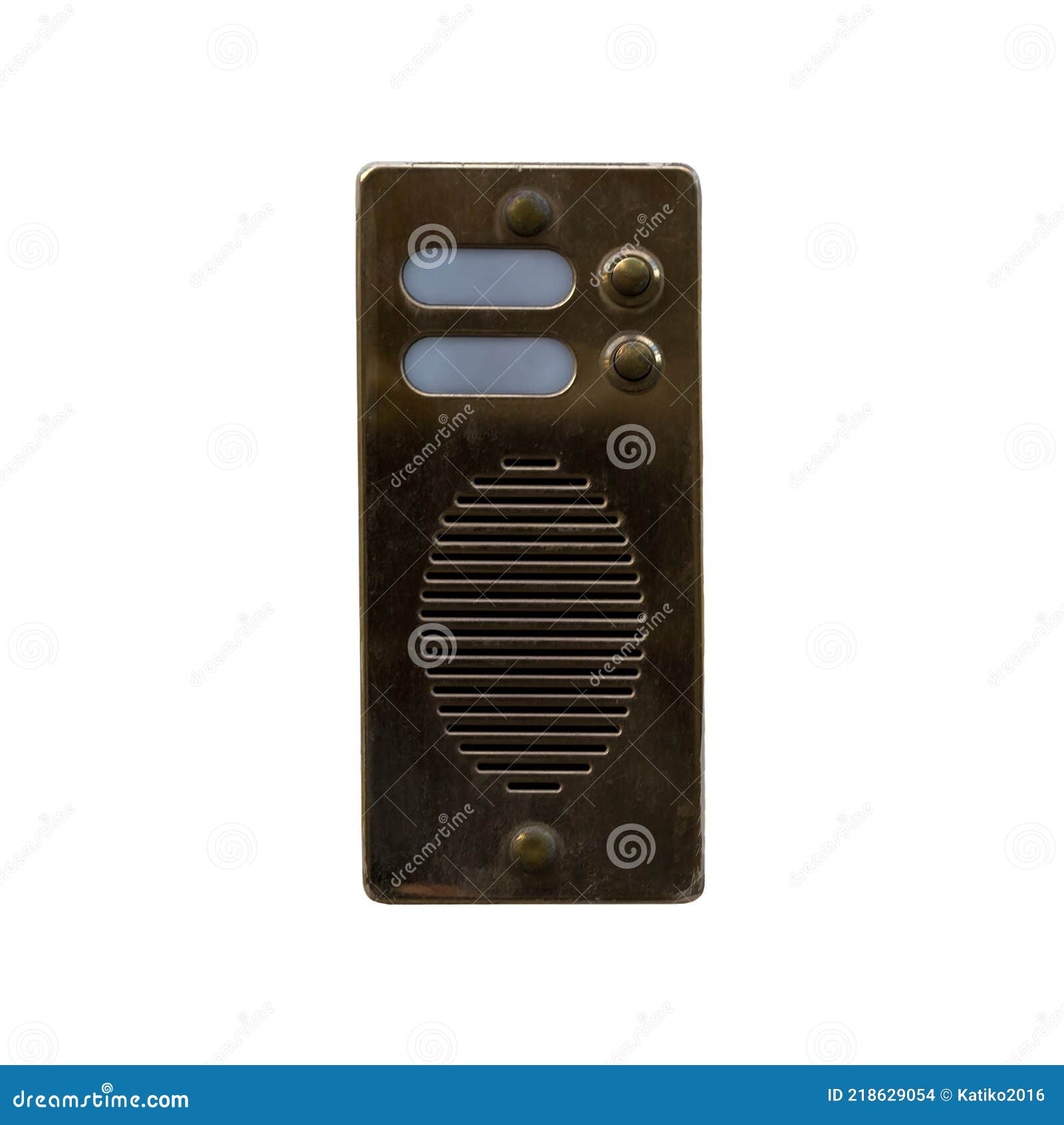 small old metal intercom cut out on white background.  vintage object