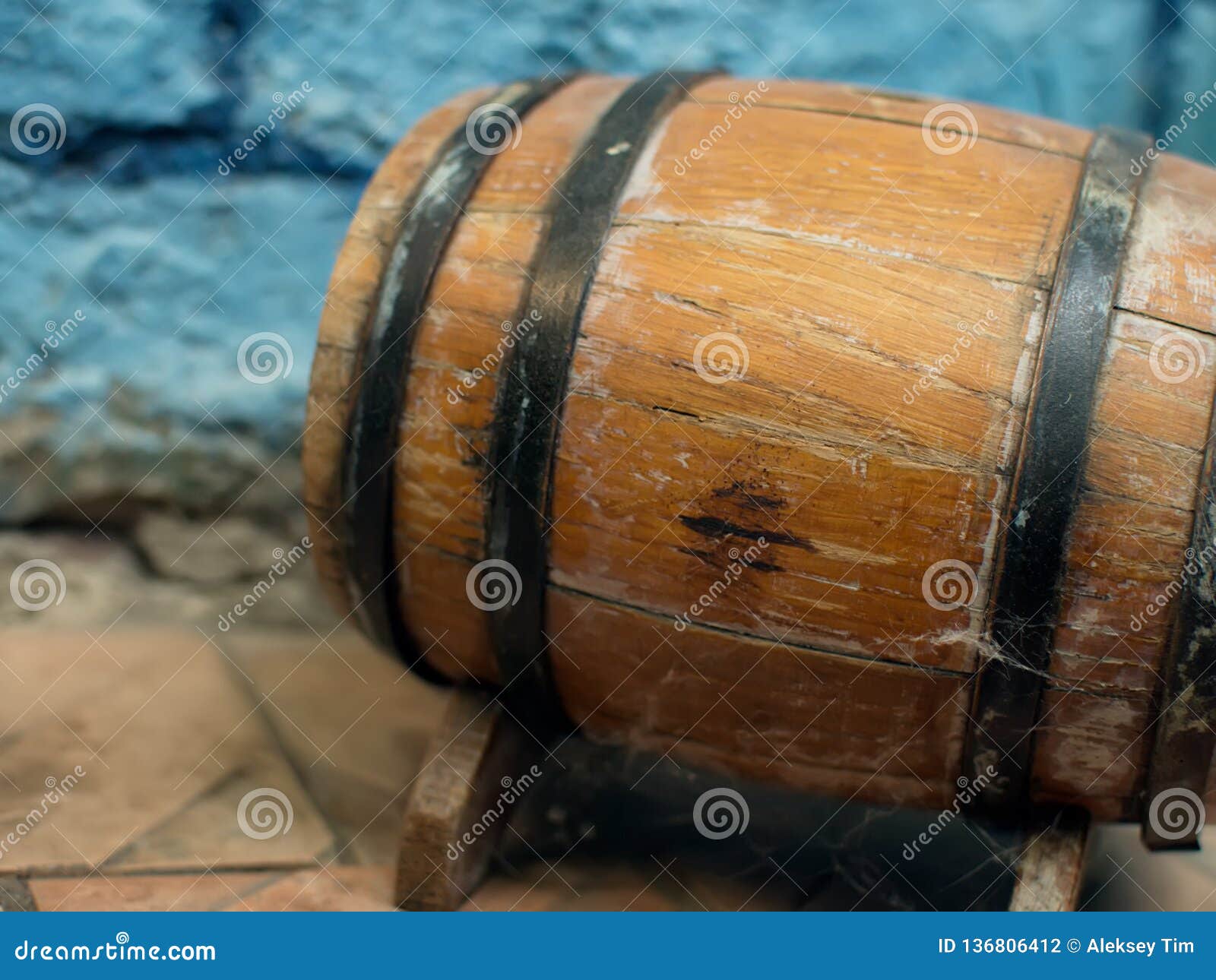 Small Old Wooden Wine Barrel on a Wooden Stand. Stock Photo Image of alcohol, dark 136806412
