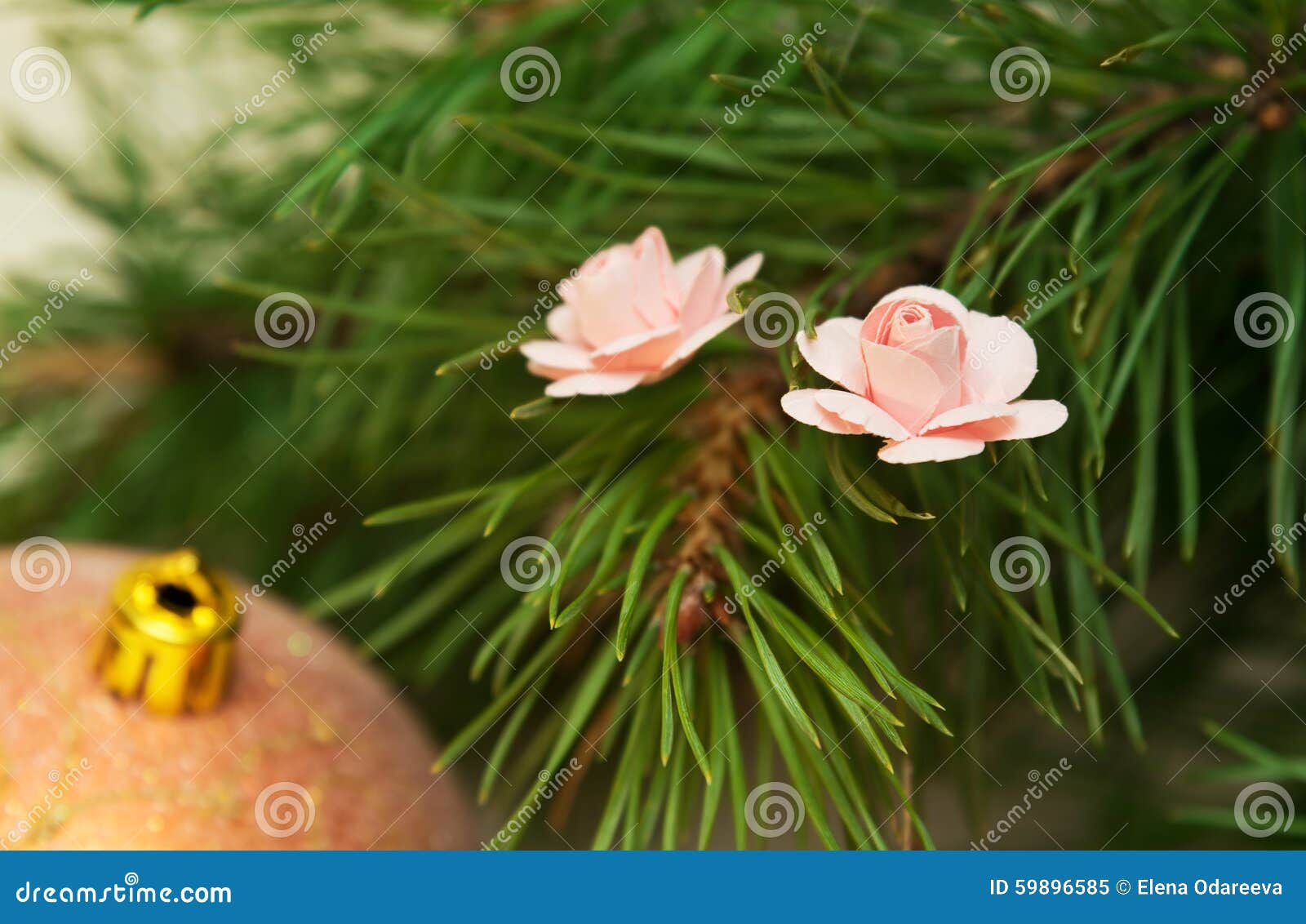 Small Pink Flowers on the Christmas Tree Stock Image Image of season