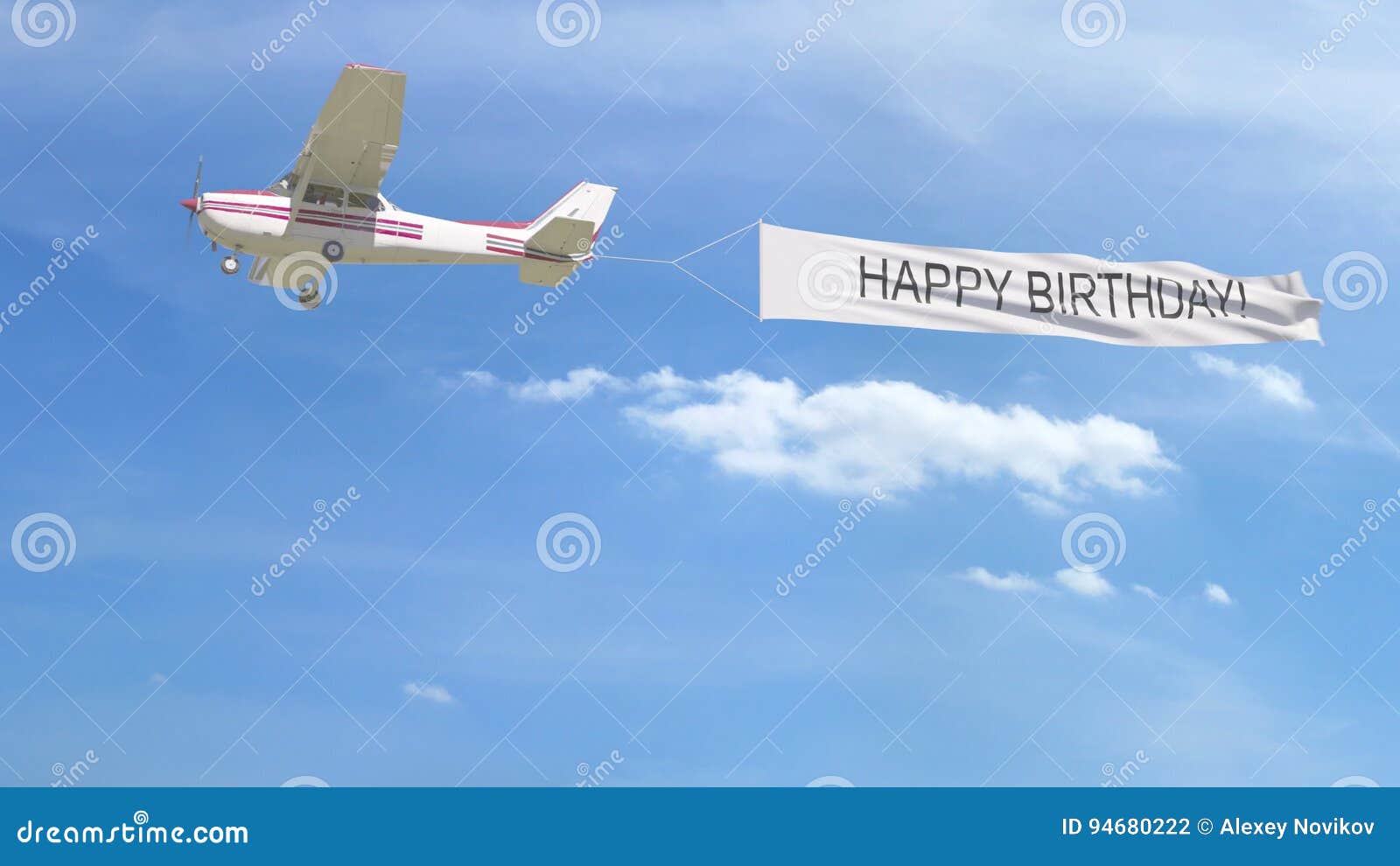 Small Propeller Airplane Towing Banner With Happy Birthday Caption In The Sky 3d Rendering Stock Illustration Illustration Of Clouds Daylight