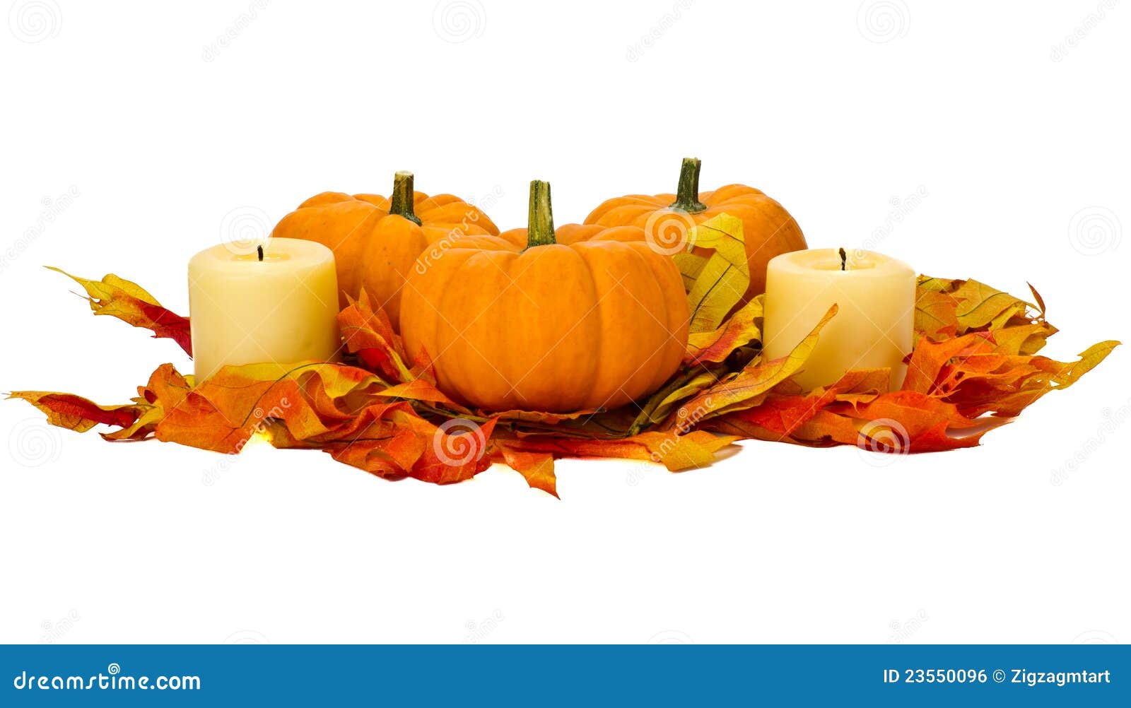 Small Pumpkins and Candles with Fall Leaves Stock Photo Image of