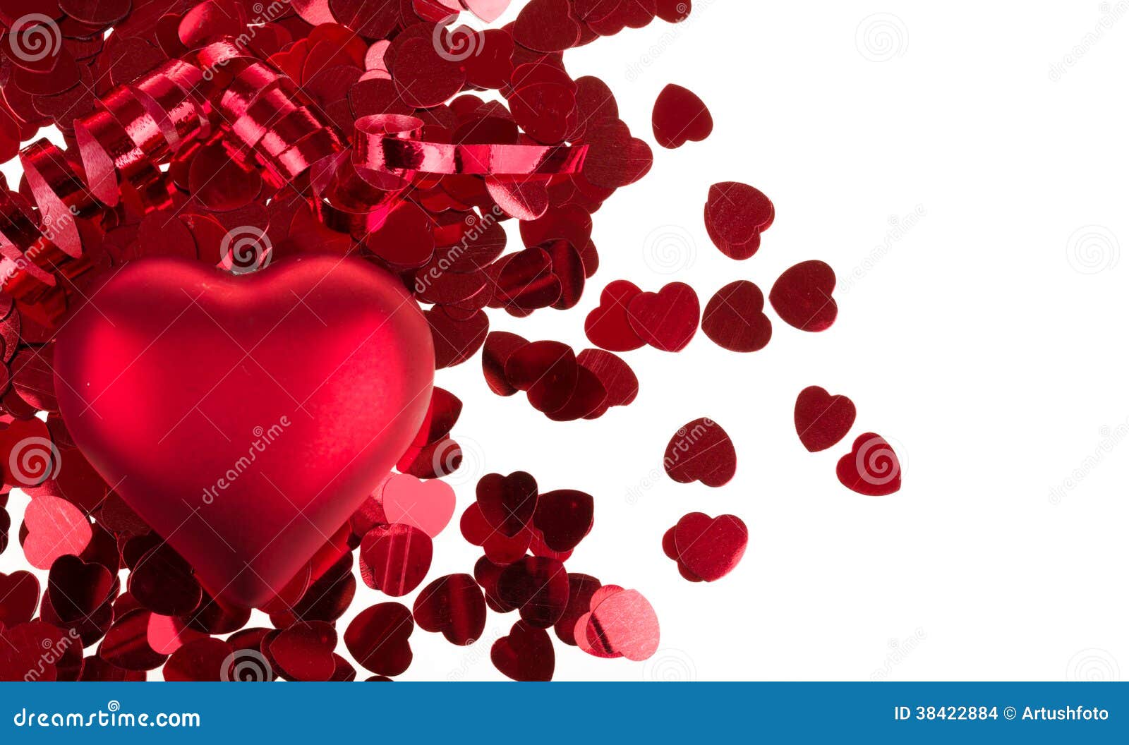 Small Red Confetti and Big Hearts on White Background Stock Photo