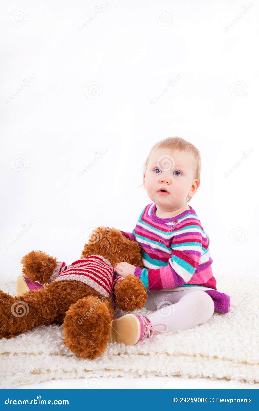 Small Red Hair Baby Girl Playing With Teddy Bear On White ...