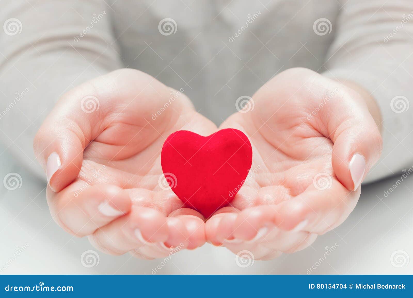 small red heart in woman`s hands in a gesture of giving, protecting