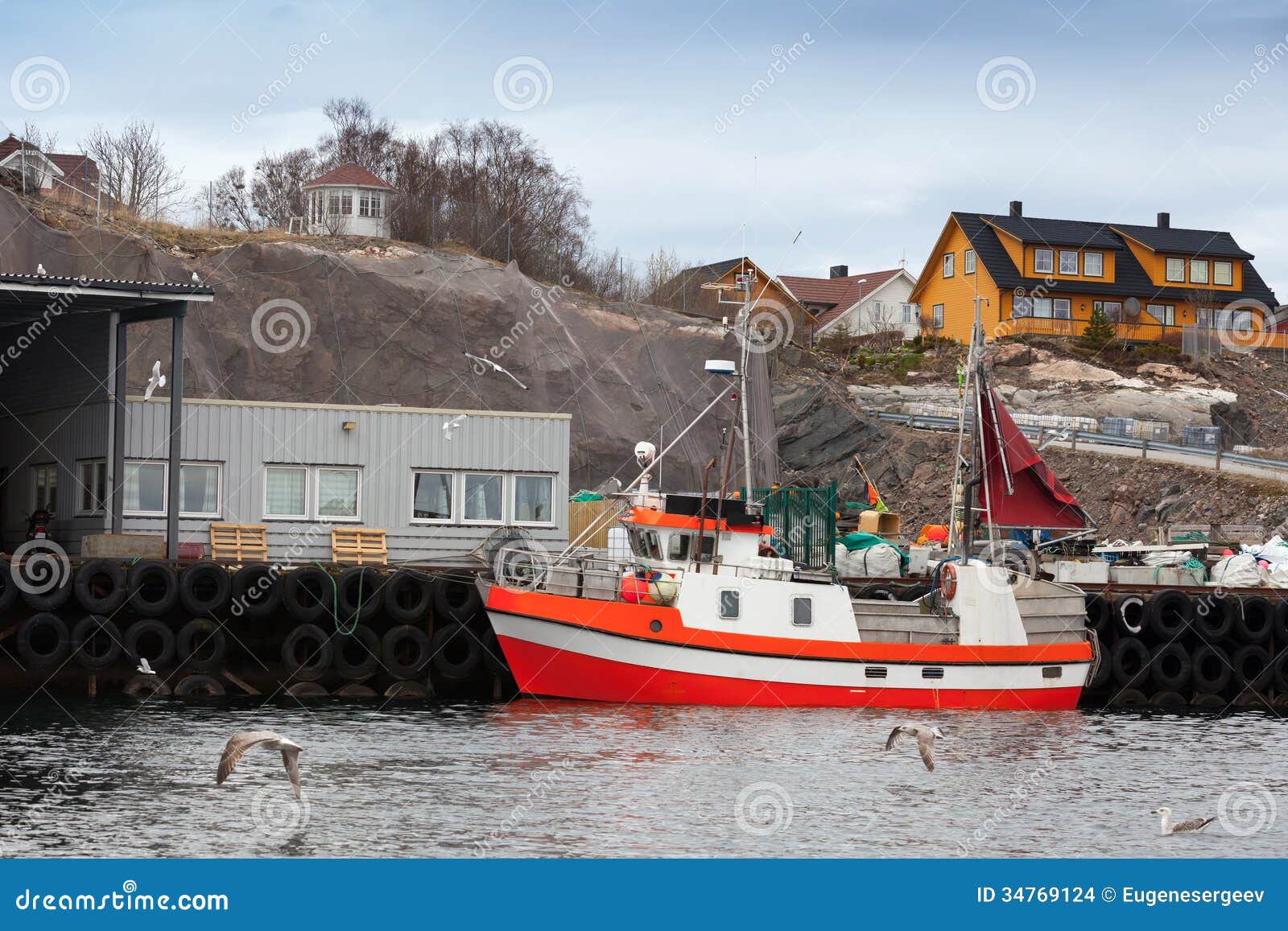 Small Red And White Fishing Boat In Norway Stock Photo ...