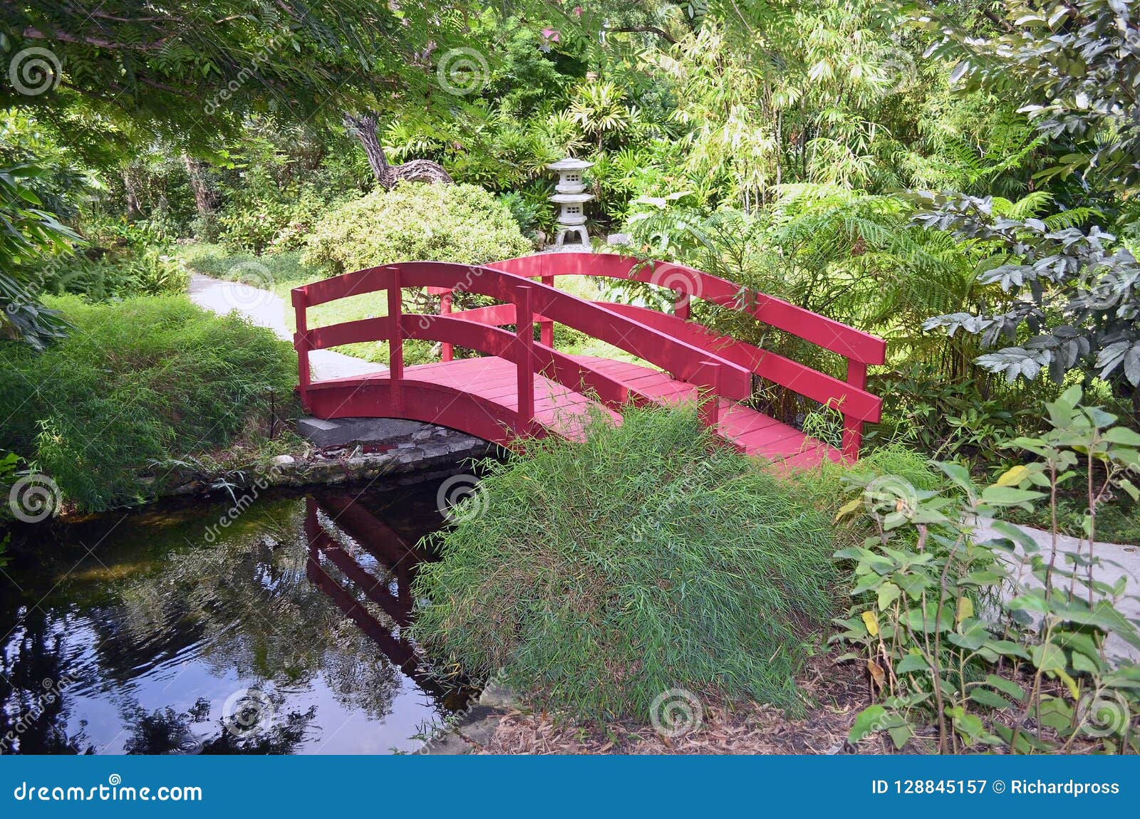 A Small Red Wooden Bridge In A Japanese Garden Stock Image Image