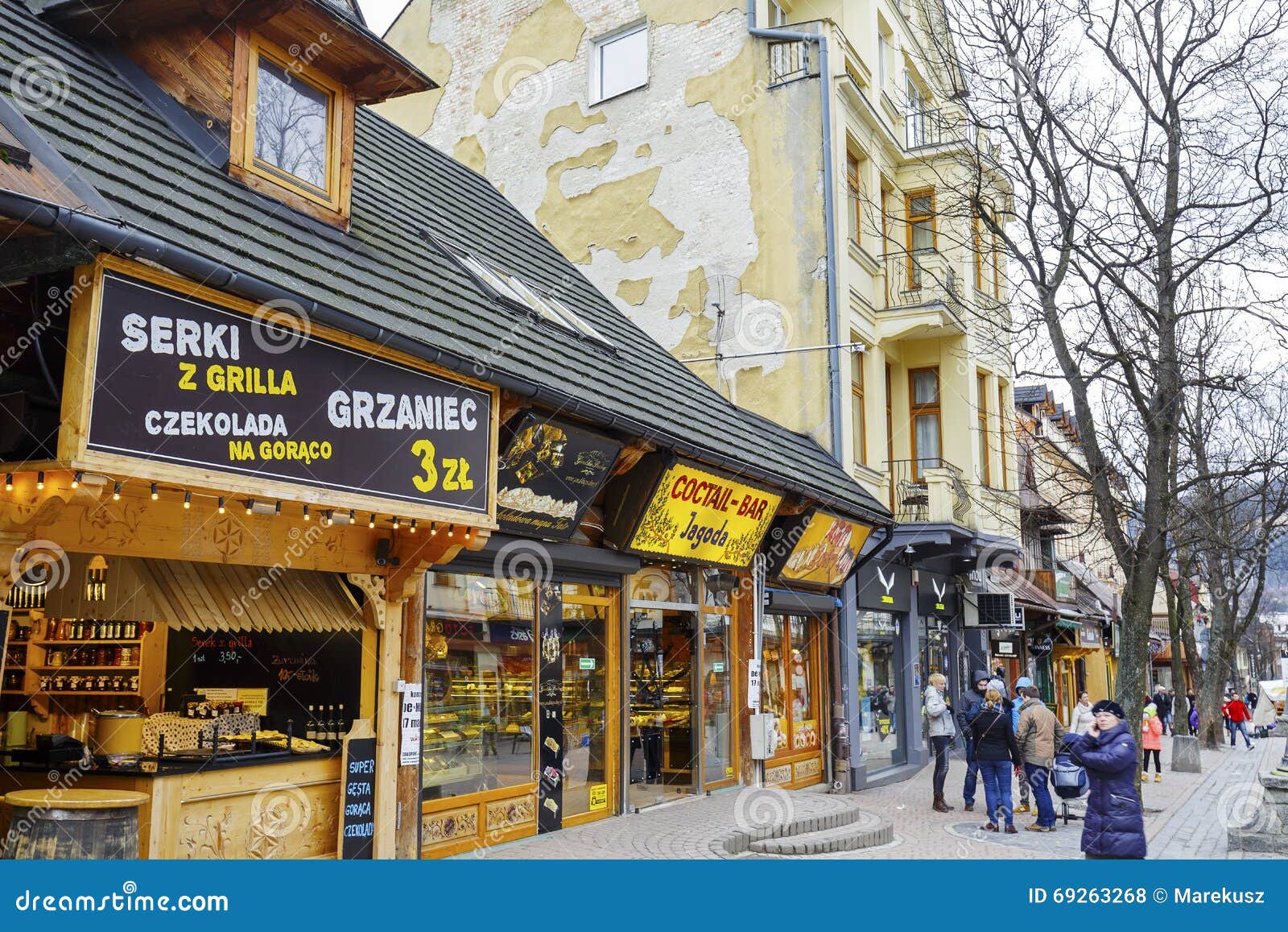 Small Restaurants Along the Krupowki in Zakopane Editorial Stock Photo