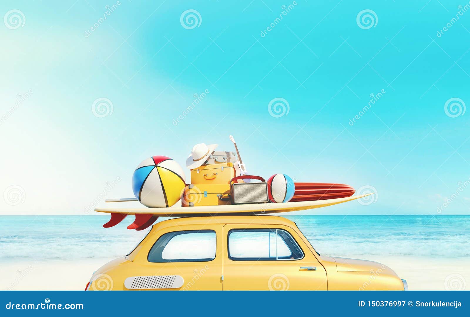 small retro car with baggage, luggage and beach equipment on the roof, fully packed, ready for summer vacation