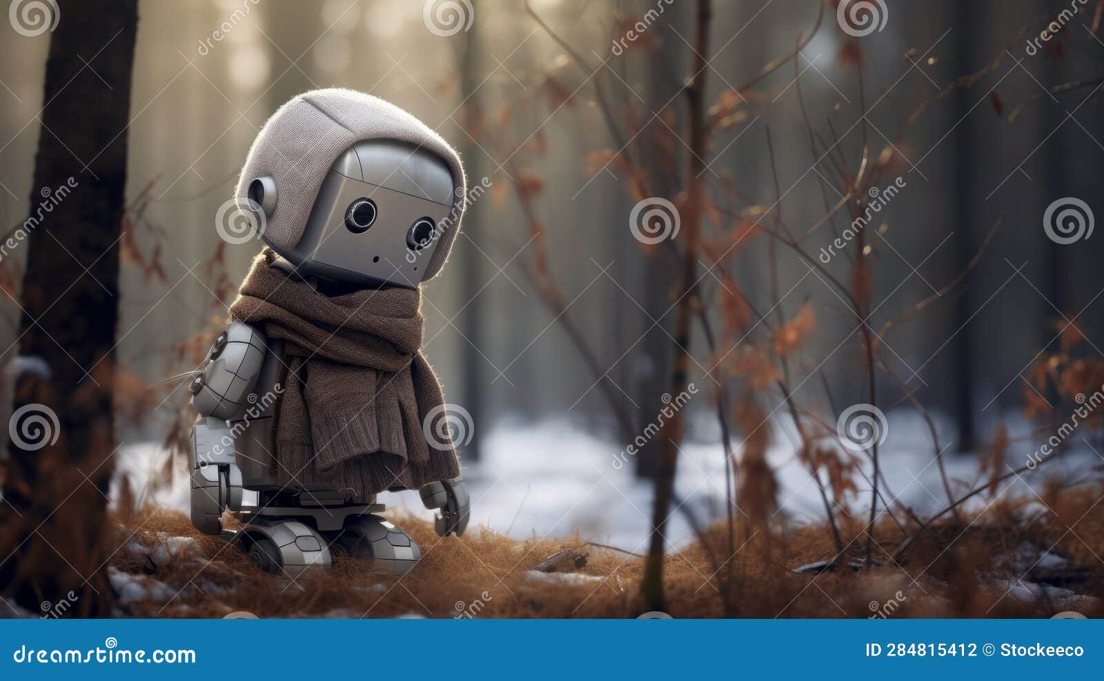lonely autonomous robot in a winter forest