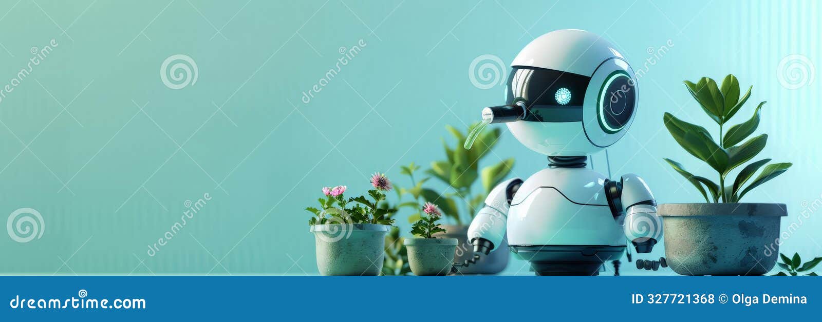 small robot tending to potted plants with a watering can. technology and gardening concept for smart home environments