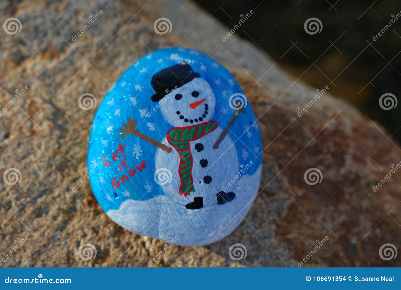 Small Rock Painted Light Blue And White With Snowman And Let It Snow Stock Photo Image Of Rock Gift