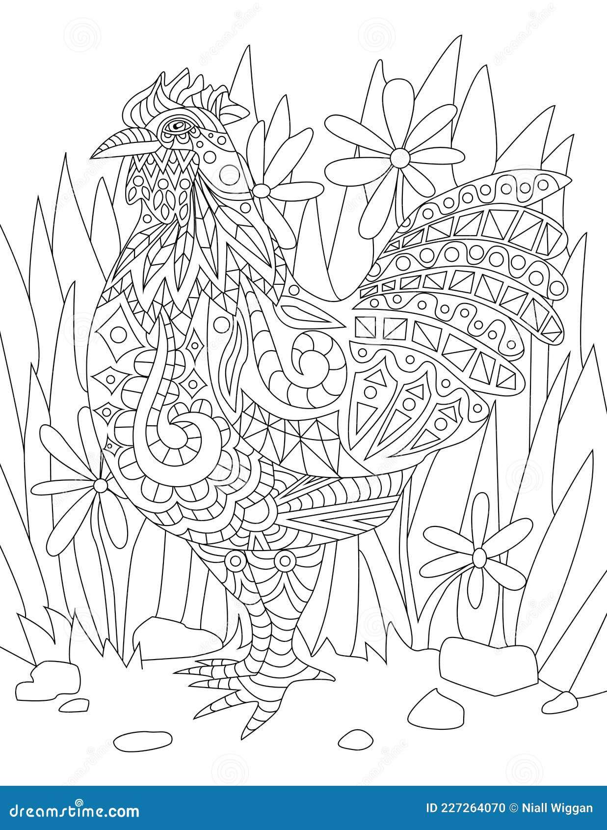 Small Rooster Standing on the Ground with Tall Grass and Flowers ...