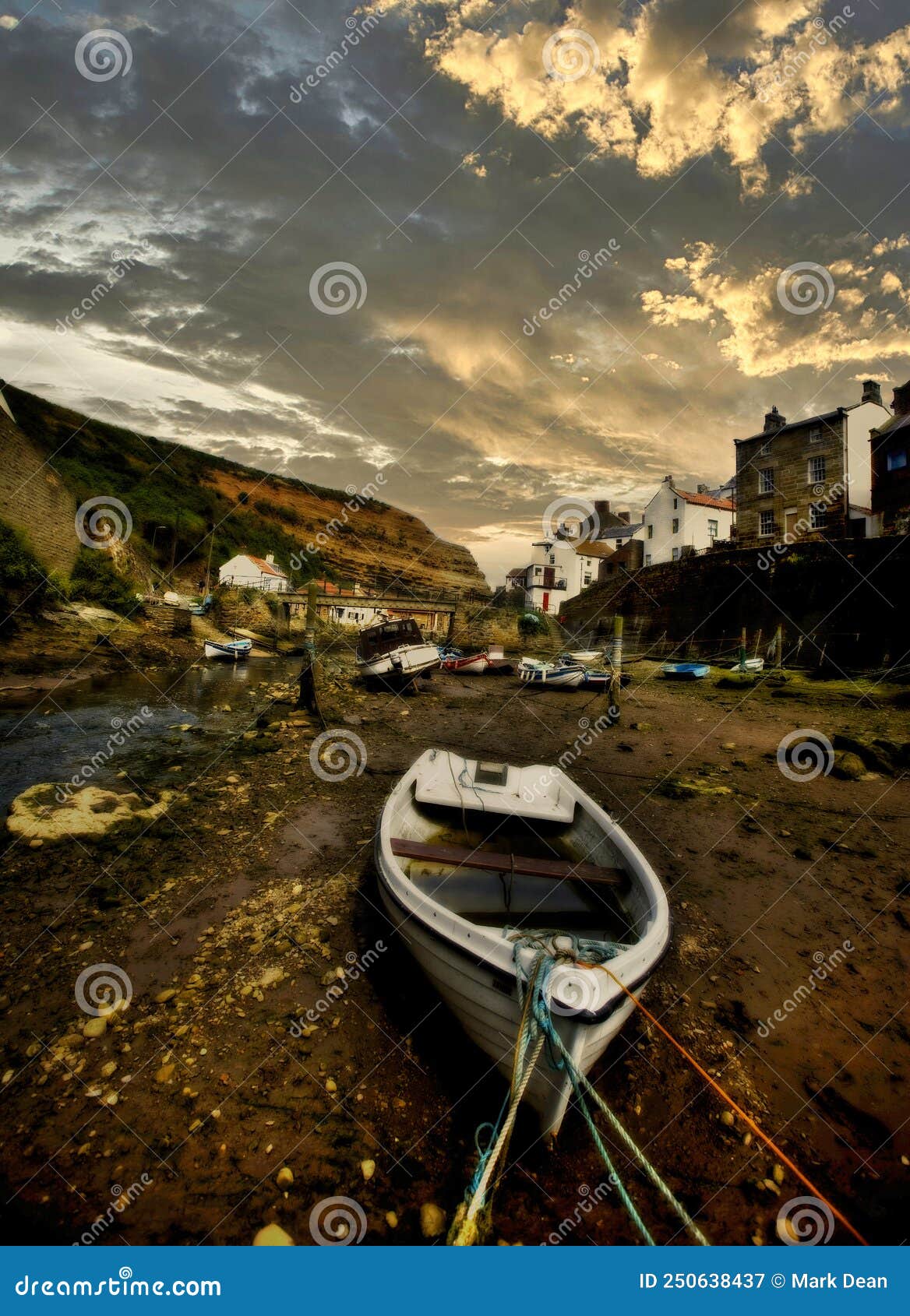 small rowing boat in the harbour town of staiths on the north yorkshire coast