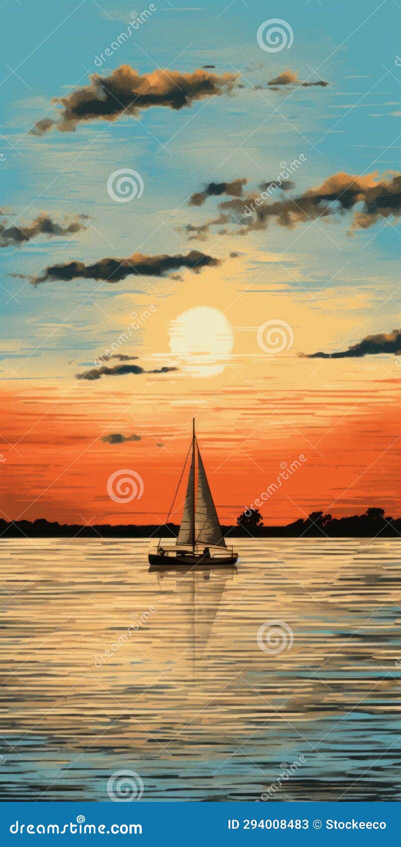 sunset on lake canvas: detailed ship sails in graphic  style