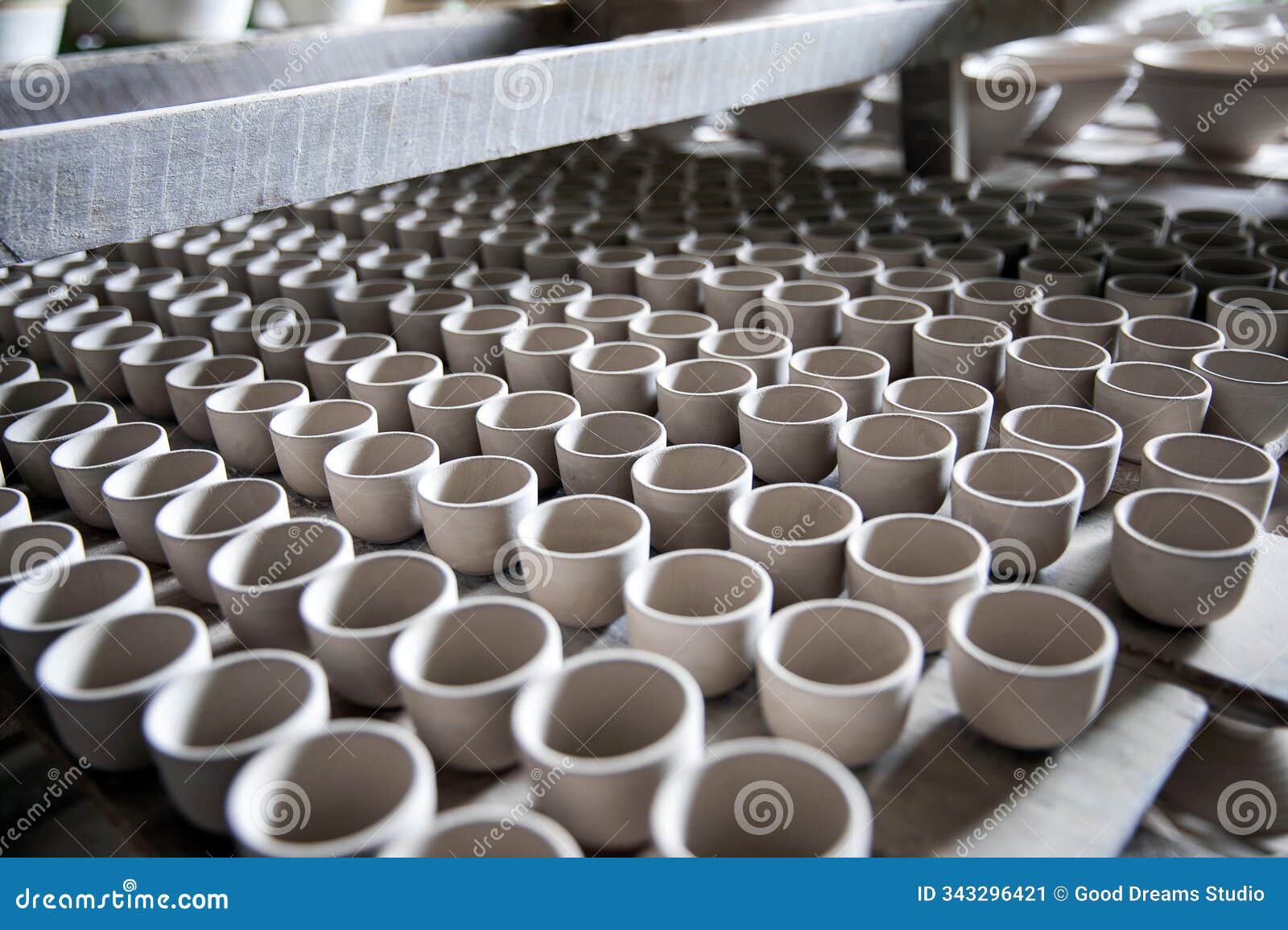small soup cups await ceramic glaze in the production of unique ceramic chicken cups.