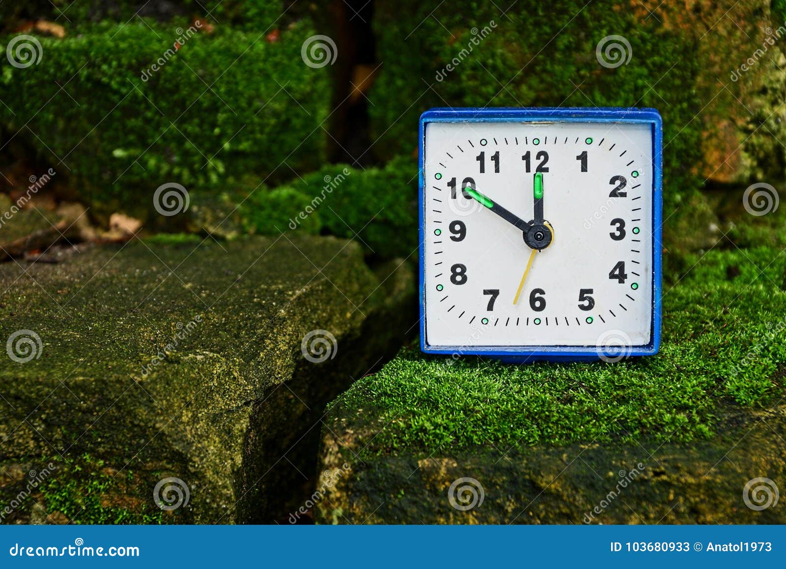 Square Alarm Clock Stands on Stones Covered with Green Moss Stock Image
