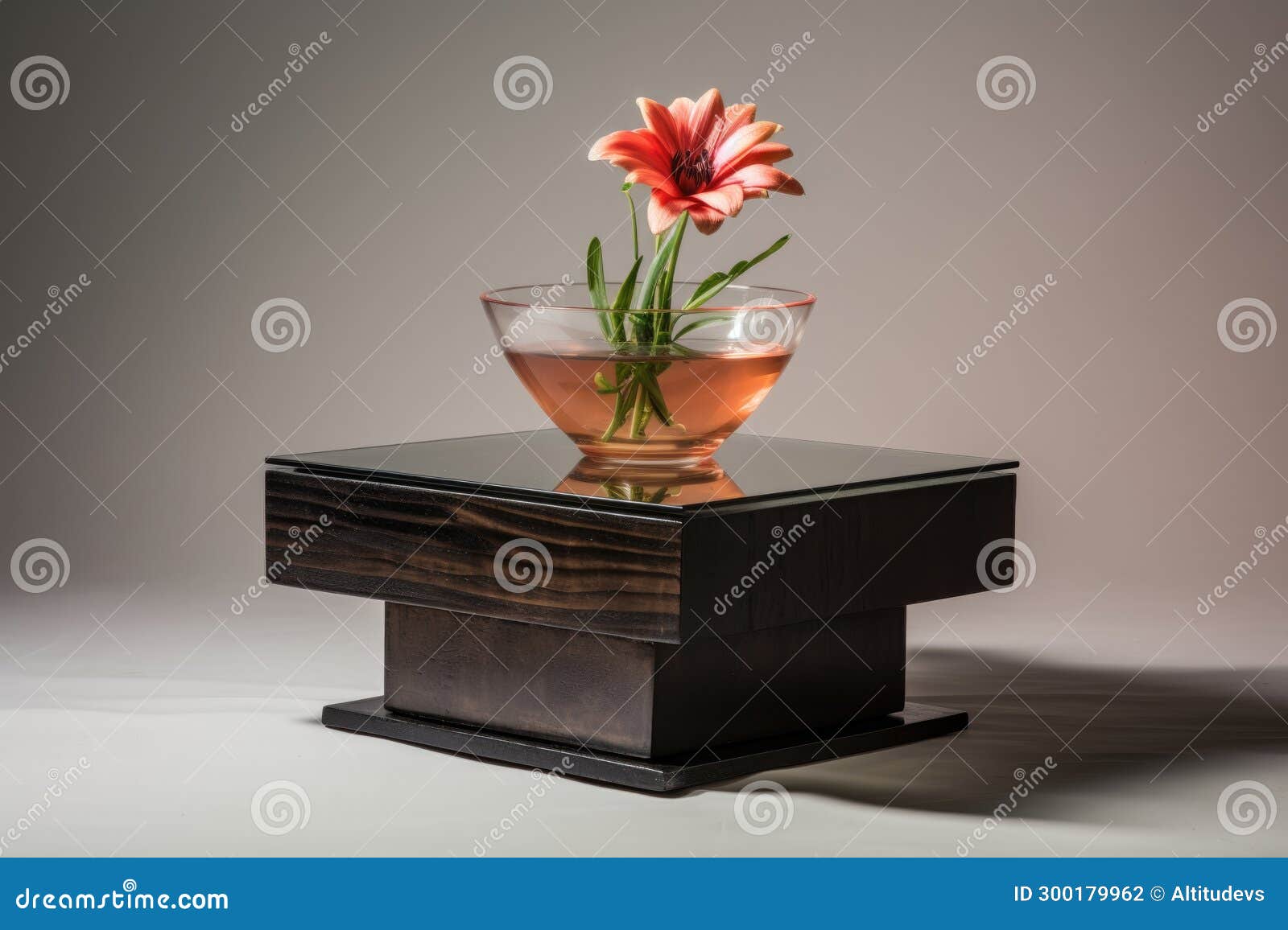 A Small, Square Coffee Table with a Single Vase and Flower on Top Stock