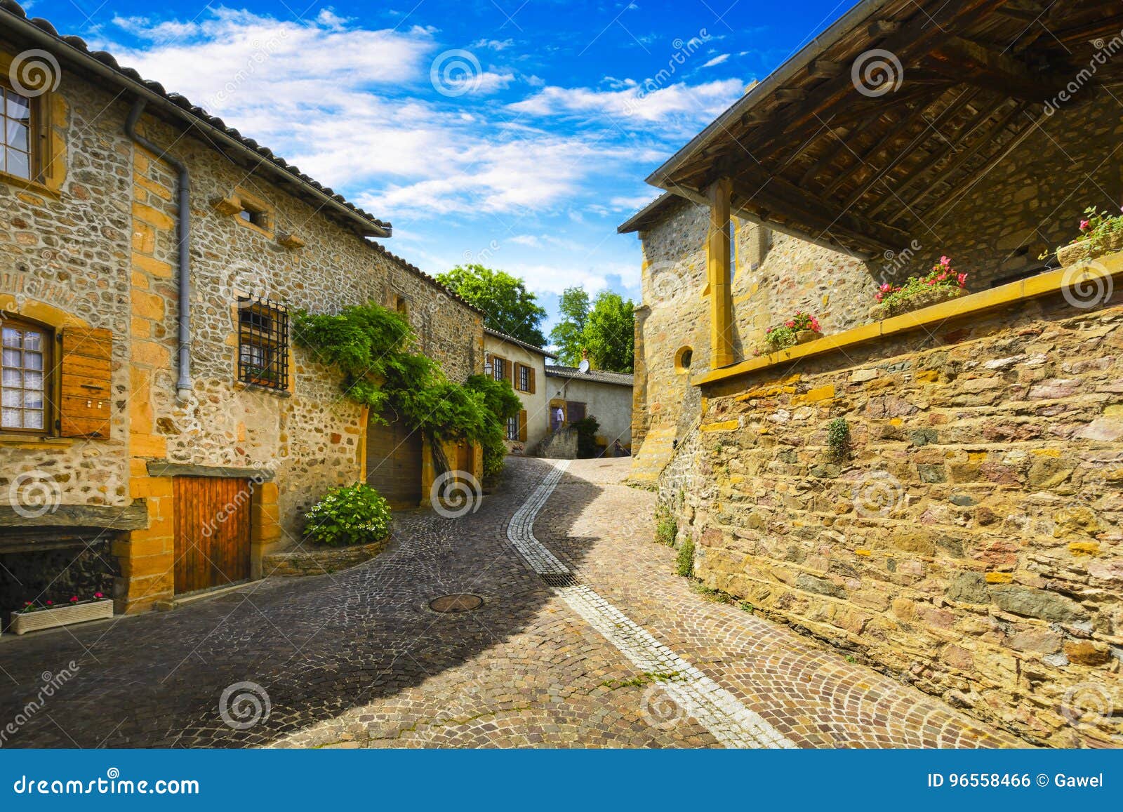 small street of ternand village in beaujolais land