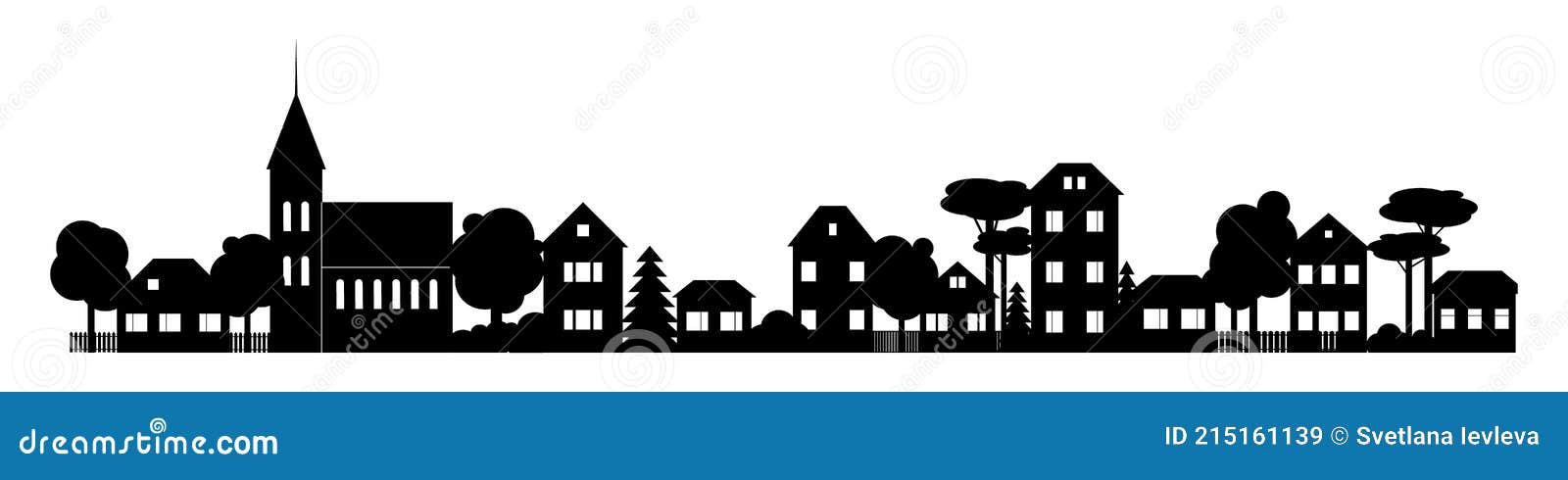 small town silhouette skyline horizontal banner black and white 