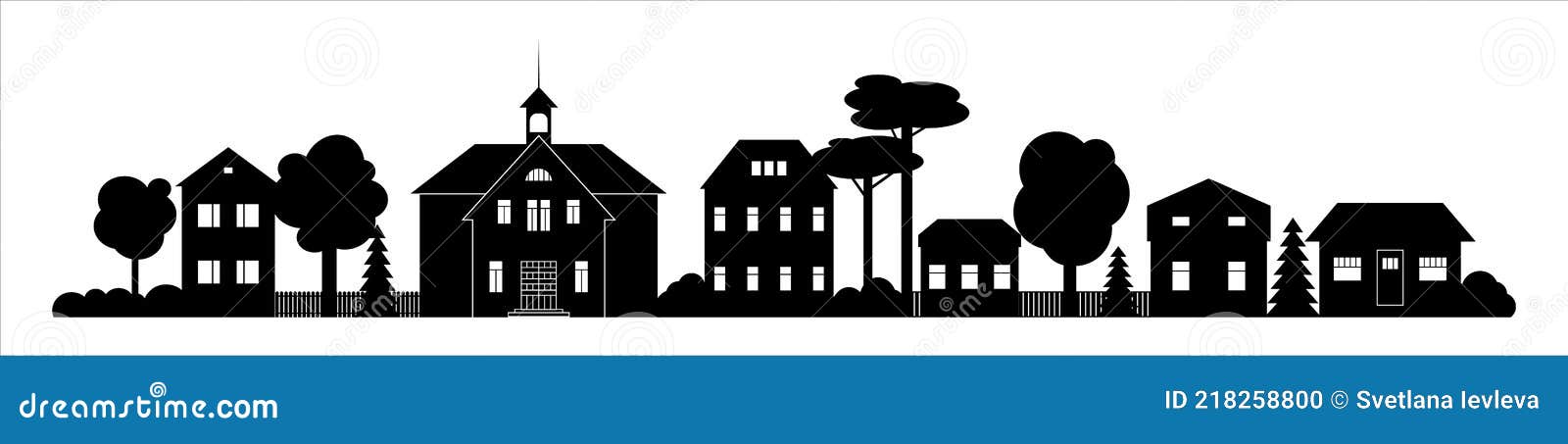 Small Town Silhouette Skyline Horizontal Banner Black and White Vector ...