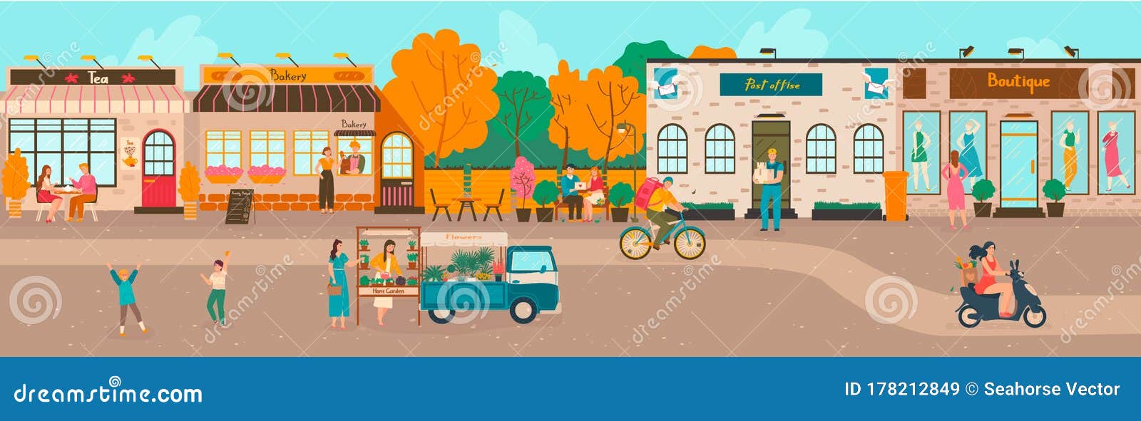 small town streets, people walking, houses of bakery, cafe and shops old european architecture cityscape cartoon 