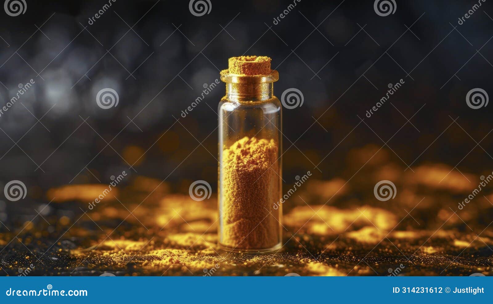a small vial of bright yellow turmeric powder. turmeric is a powerful antiinflammatory and is often used in herbal