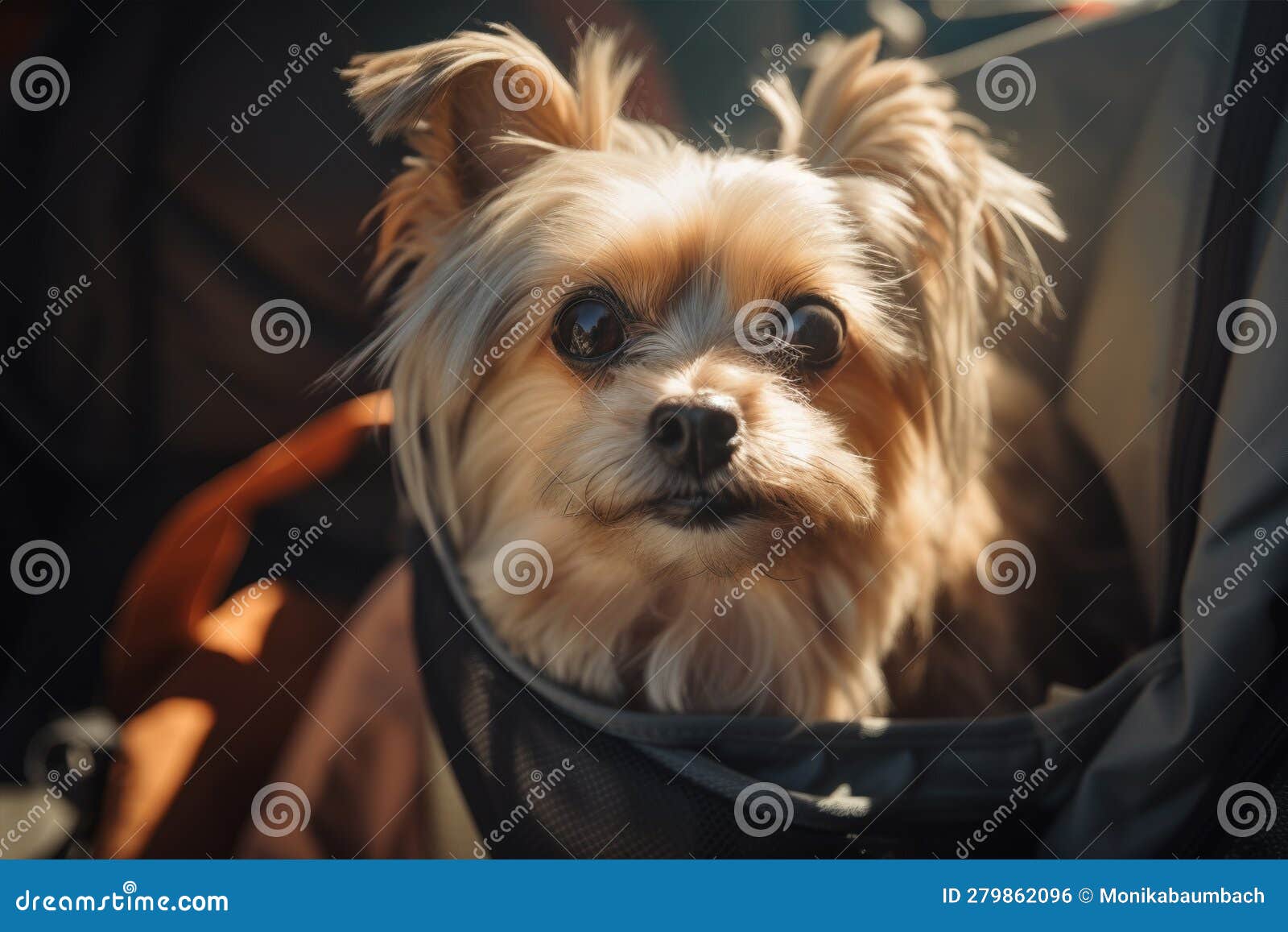 Small White Dog Being Carried in Backpack. Generative AI Stock