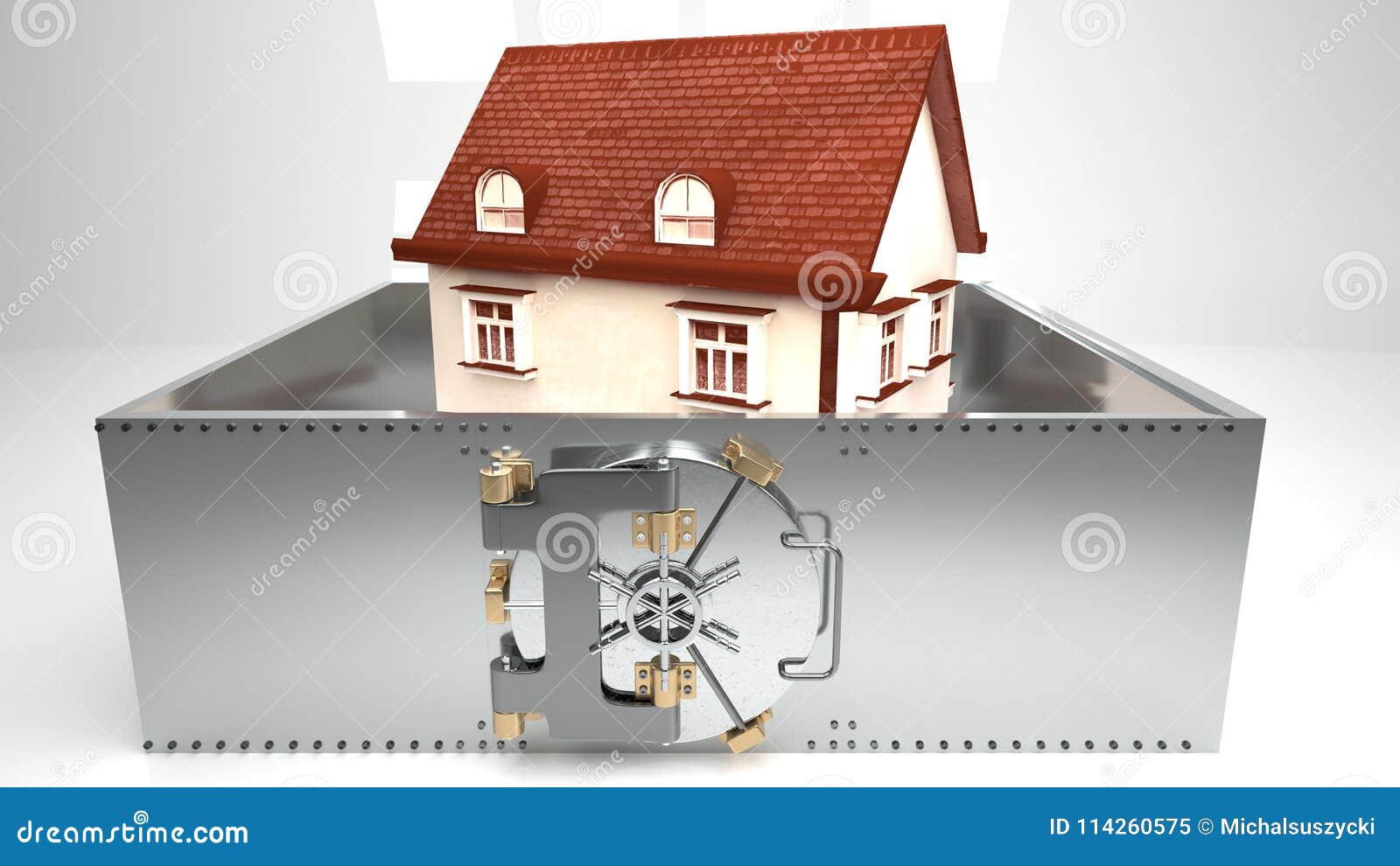 small white house surrounded by a metal wall secured by a round metal bank vault doors, white background
