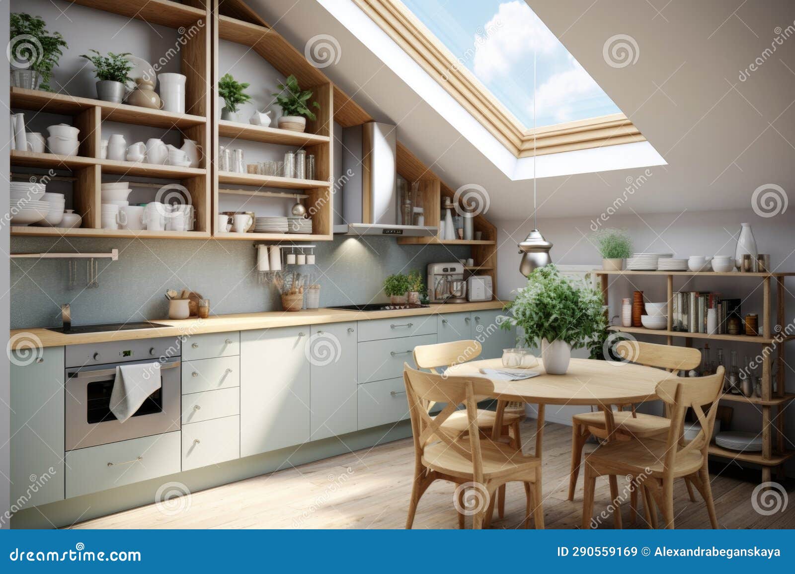 Small White Kitchen with Dining Table Stock Illustration Illustration