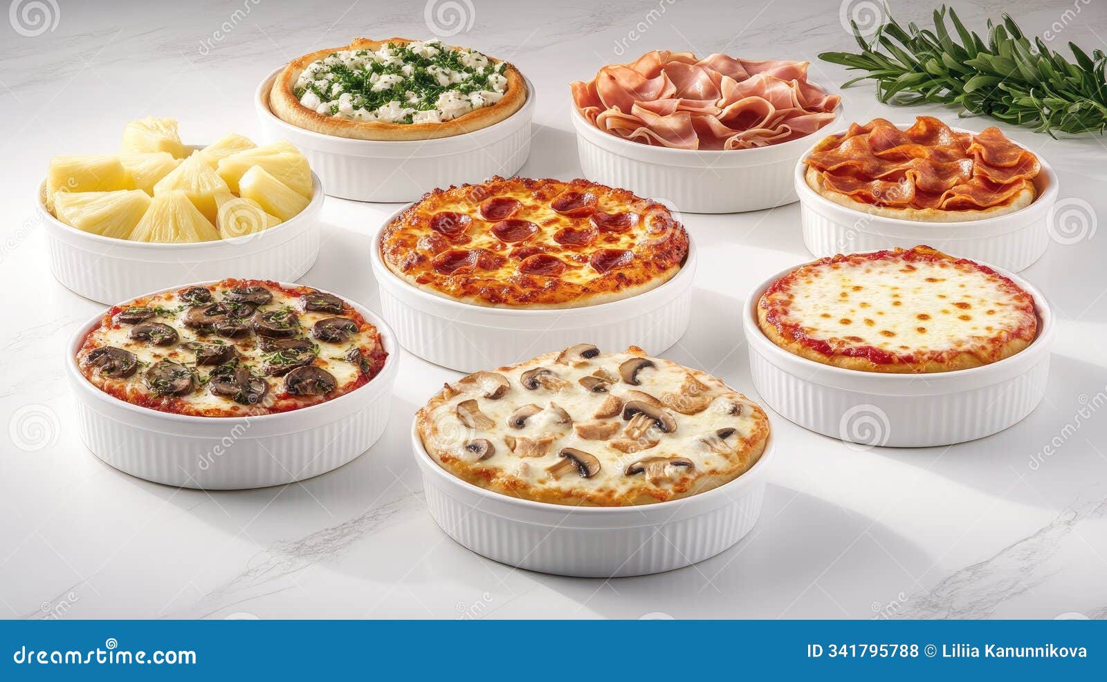 small white ramekins showcase various pizza recipes with toppings like mushrooms, pineapple, bacon, and mozzarella