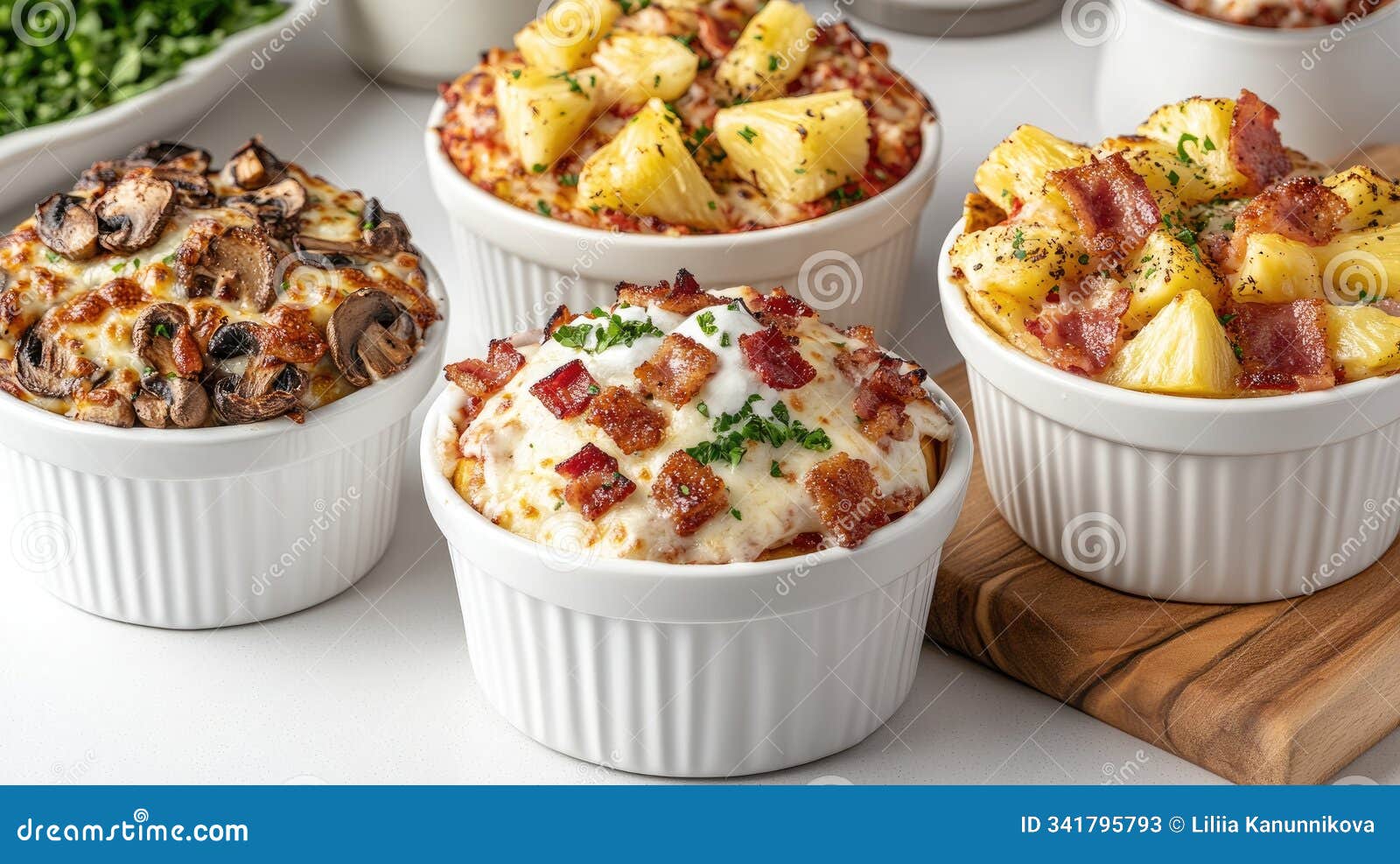 small white ramekins showcase various pizza recipes with toppings like mushrooms, pineapple, bacon, and mozzarella
