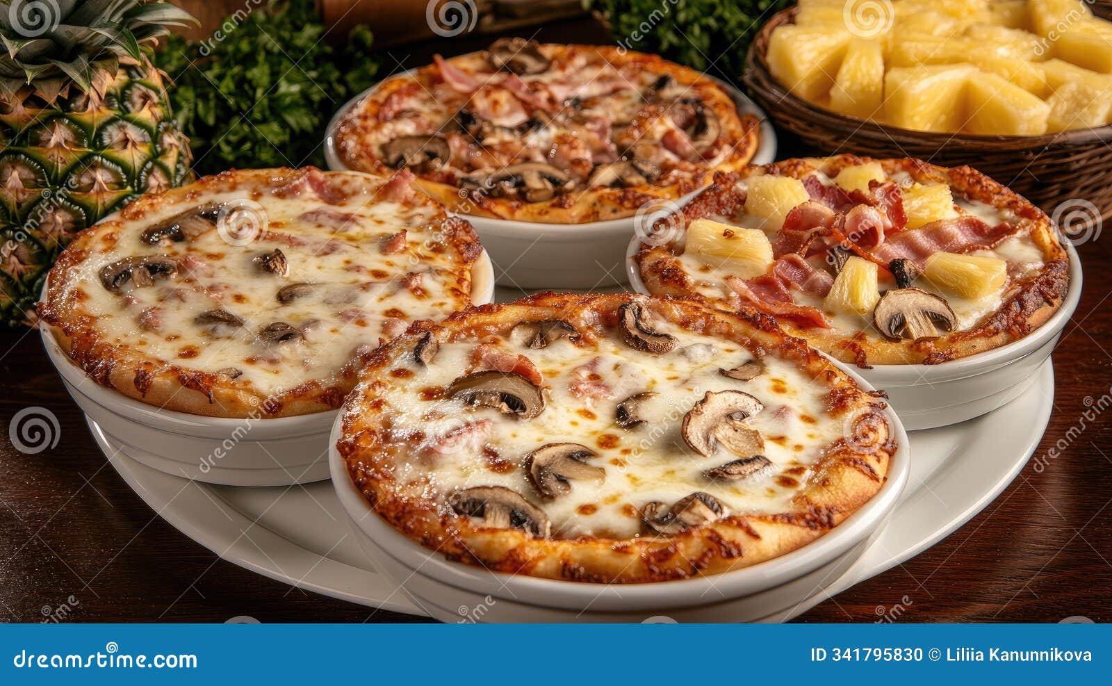 small white ramekins showcase various pizza recipes with toppings like mushrooms, pineapple, bacon, and mozzarella