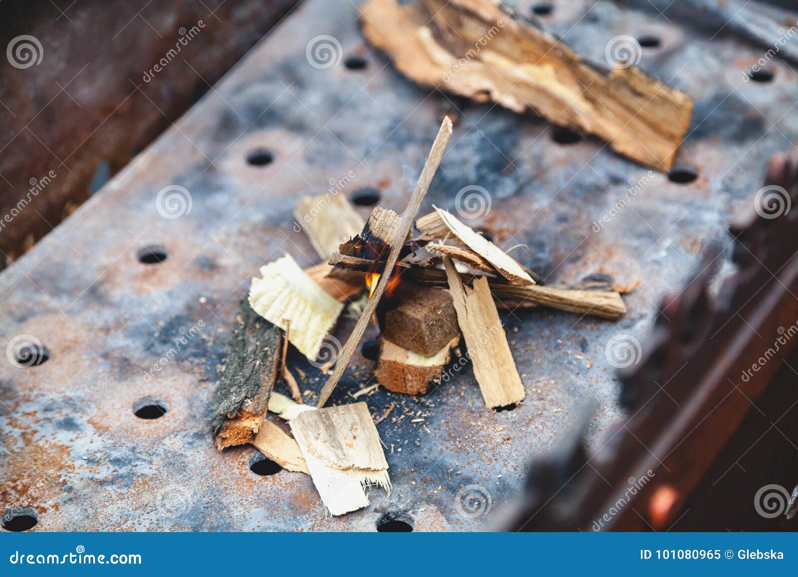 Small Wood Chips are Stacked Around Fire in Grill Stock Image Image