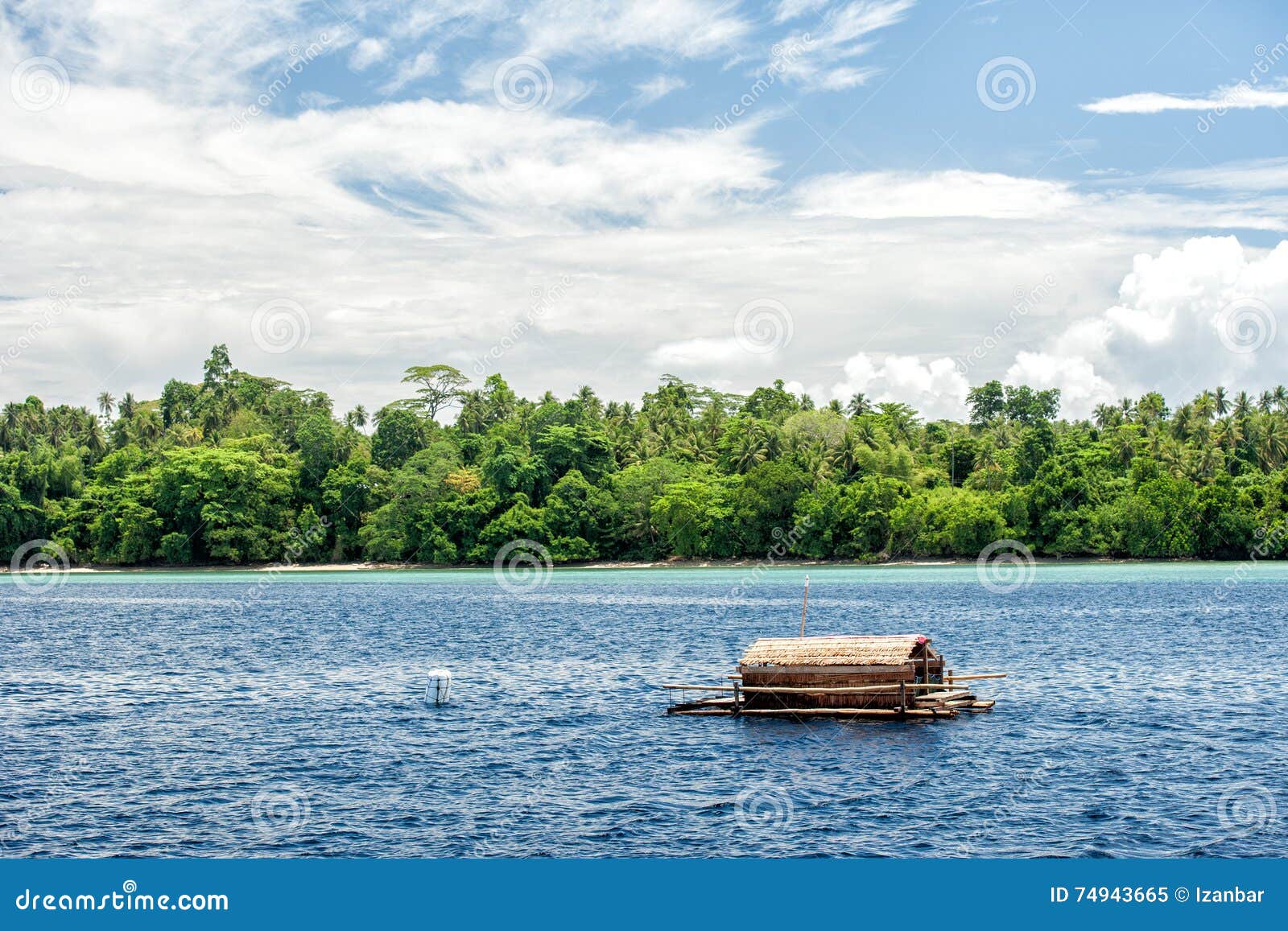 Small Wood Floating Fishing Platform in Sulawesi Indonesia Stock